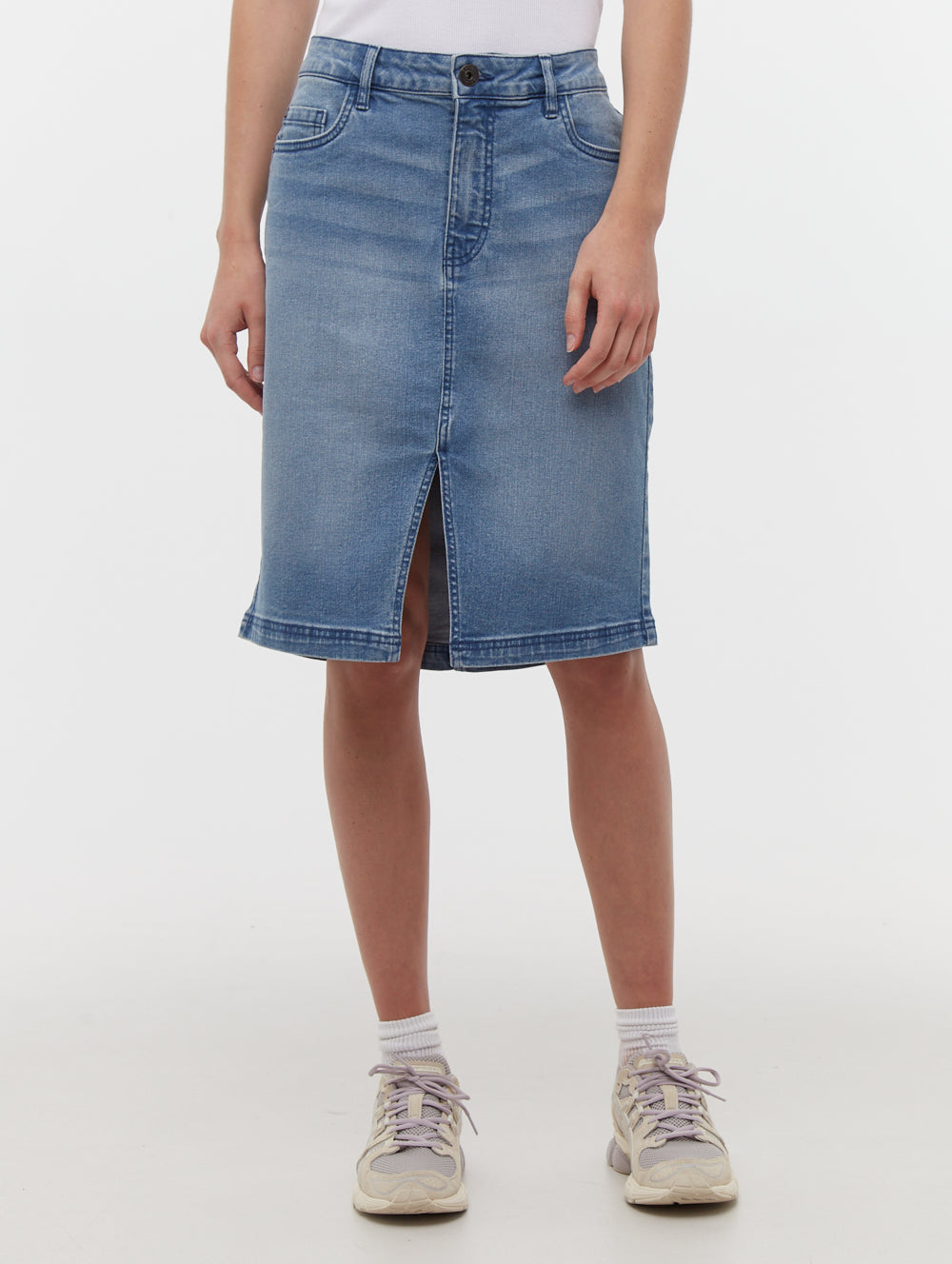 Vienra Women's Denim Midi Skirt - High Waist Stretch Jeans Skirt for Casual Wear, Office & Date Night Outfits