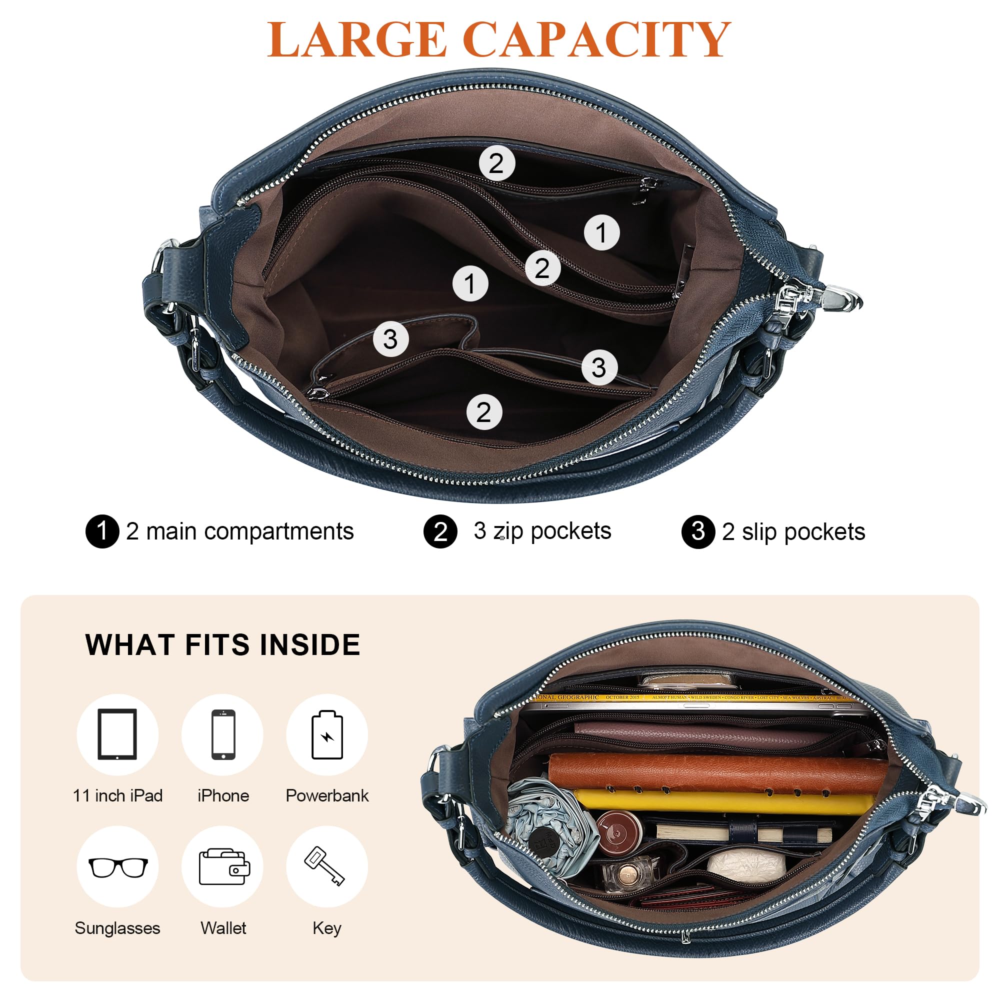 Premium Genuine Leather Hobo Handbags for Women - Stylish Shoulder & Crossbody Purse - Perfect for Work, Travel, and Everyday Use