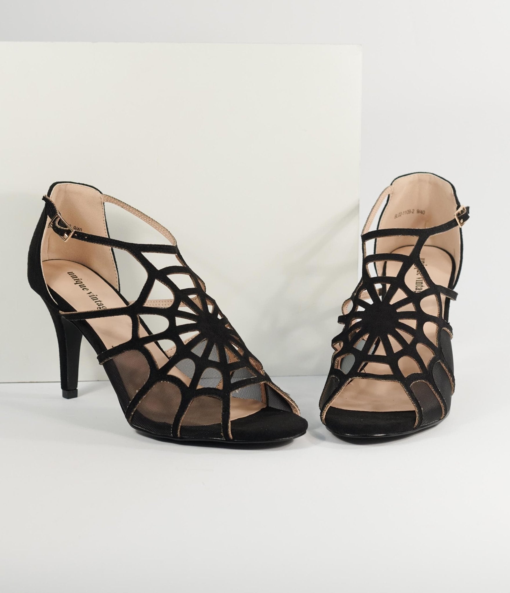Vintage 1940s Black Spider Web Heels - Retro Gothic Shoes for Women | Perfect for Halloween, Cosplay & Vintage Fashion Outfits