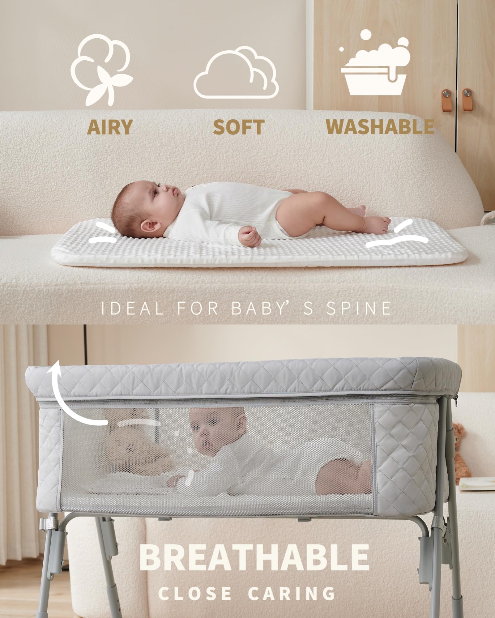 Portable Baby Bassinet Bedside Sleeper - Adjustable Height Crib for Newborns with Breathable Mesh & Mattress, 4 Auto-Lock Wheels - Perfect for Nursery, Bedroom & Travel Use