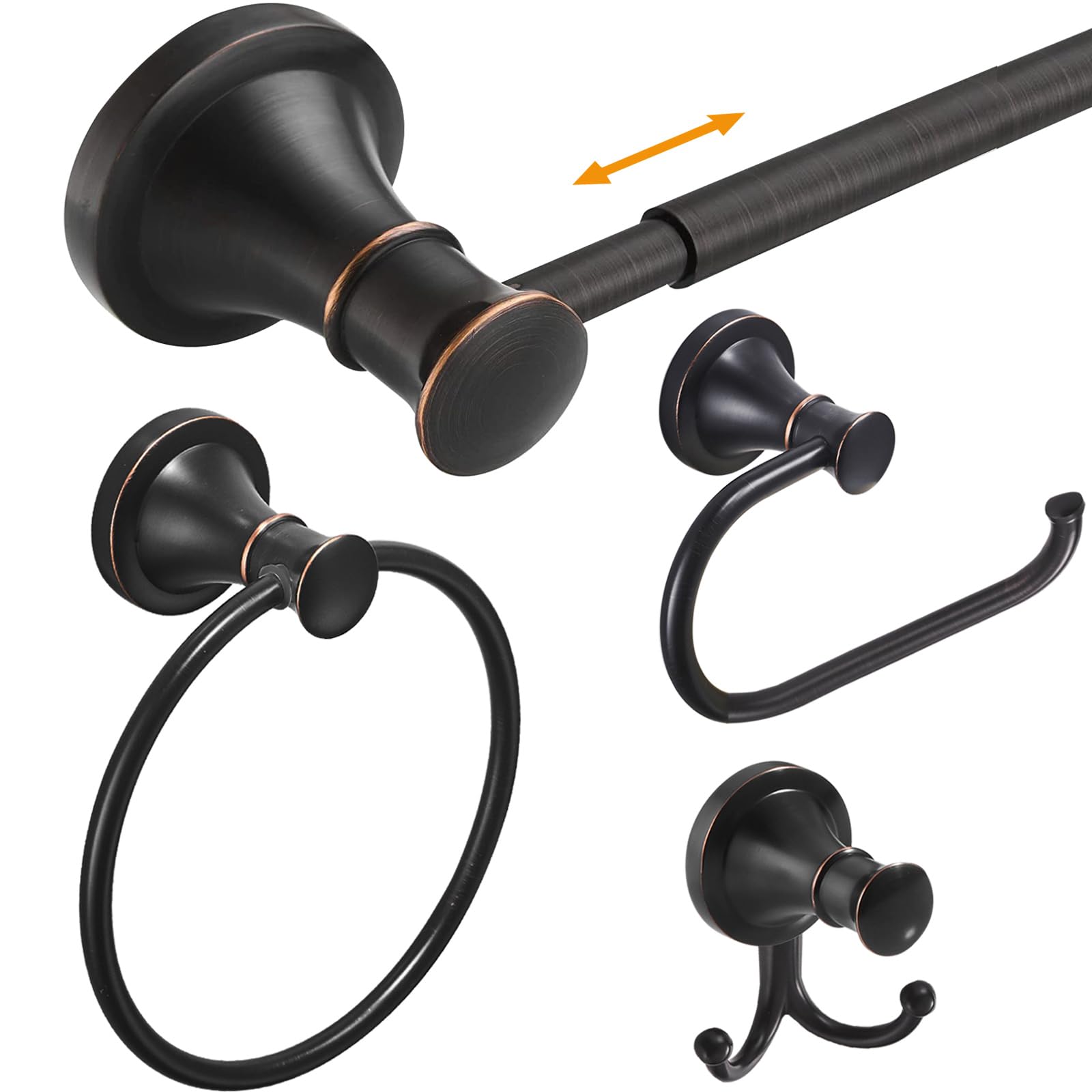 Hoimpro Oil Rubbed Bronze 4-Piece Bathroom Accessory Set - Adjustable Wall Mount Towel Bar Rack, Towel Ring, Toilet Paper Holder & Double Hooks - Perfect for Bathroom, Powder Room & Spa Decor