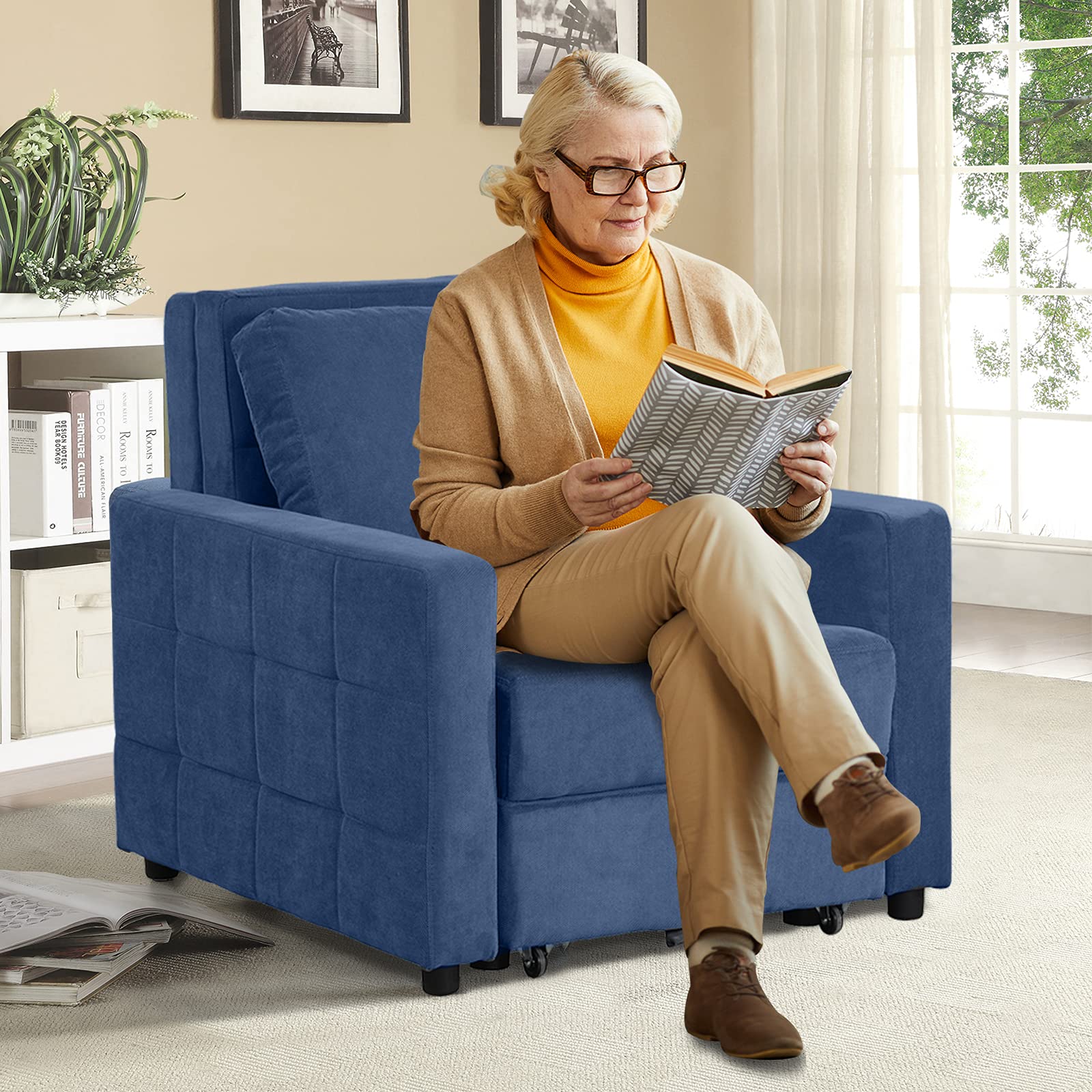 OQQOEE Convertible Sleeper Chair - Pull Out Bed with Arms, Pillow & Large Storage | Tufted Linen/Cotton Blend Sofa Bed for Small Spaces (Blue) | Perfect for Guest Rooms, Apartments & Studio Living