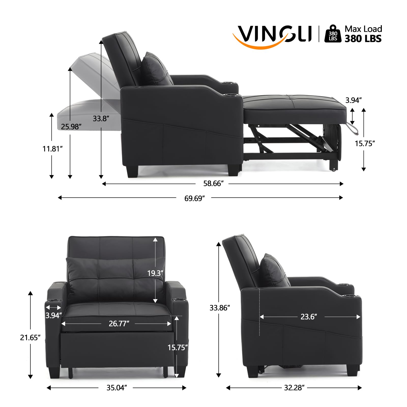 VINGLI 3-in-1 Convertible Sleeper Sofa Chair Bed - Recliner with Adjustable Backrest, USB Ports & Cup Holders - Black Daybed Pull Out Couch for Small Spaces - Perfect for Living Room, Guest Room & Studio Apartments