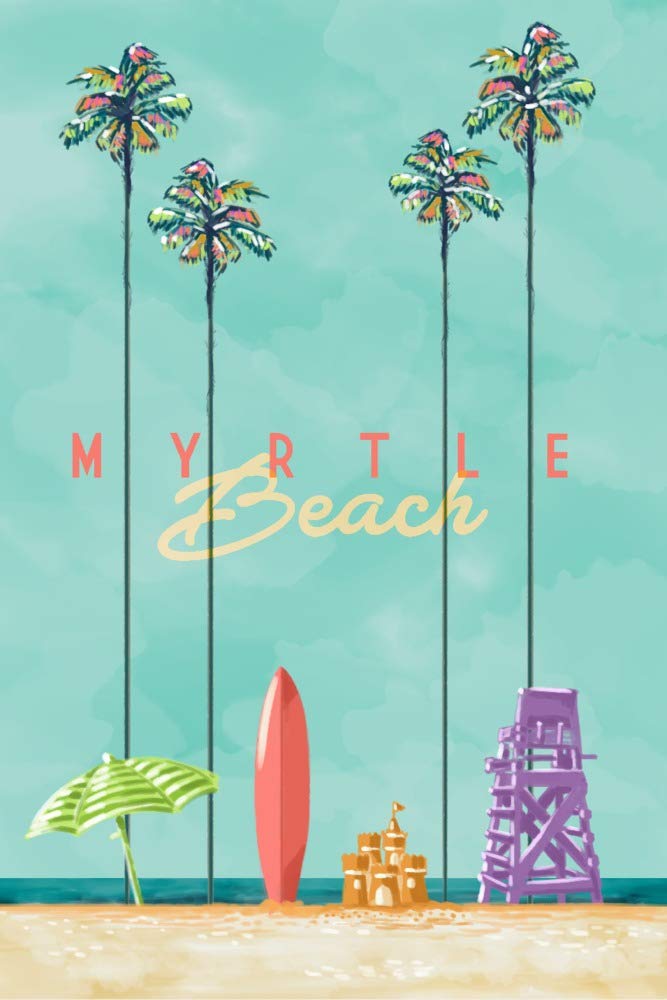 Myrtle Beach South Carolina Tall Palms Beach Scene Art Print - 36x54 Giclee Gallery Quality Travel Poster - Coastal Wall Decor for Living Room, Bedroom & Office