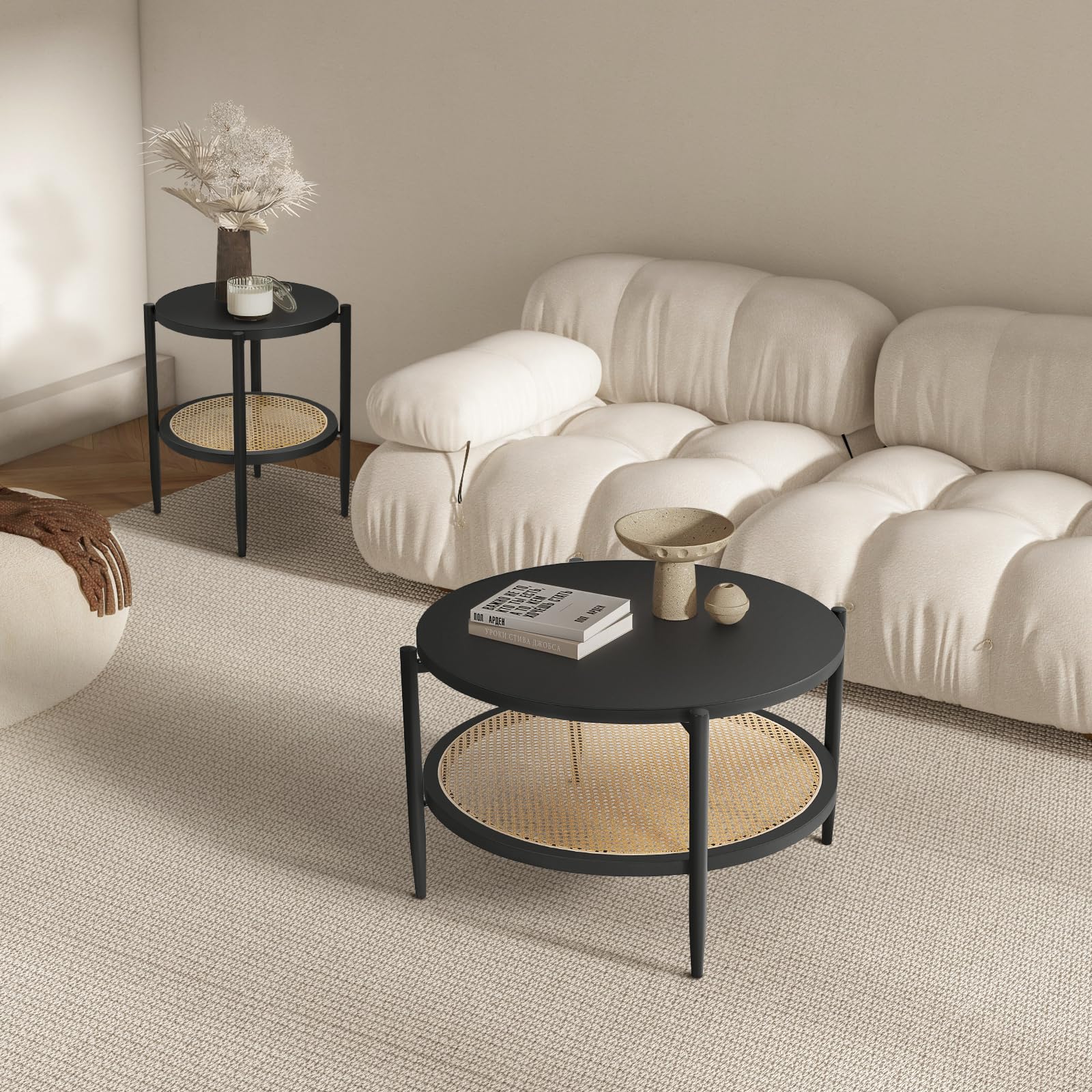 KithKasa Black Small Side Table Set of 2 - Mid Century Modern End Tables with Rattan Storage | 2-Tier Round Side Tables for Living Room, Bedroom, Cafe & Small Spaces | Perfect for Coffee, Books & Home Decor