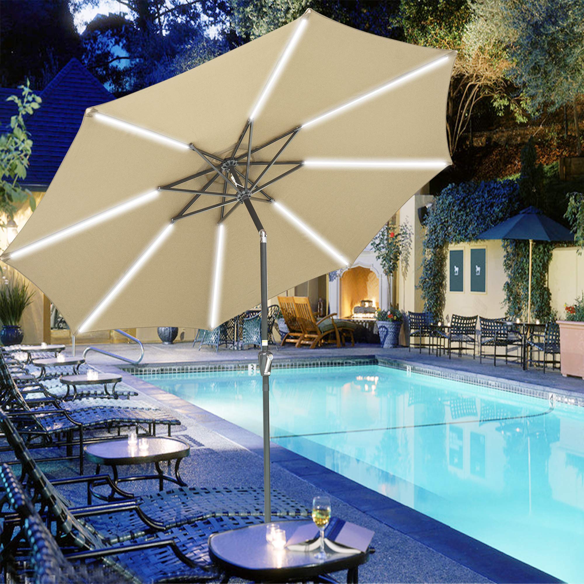Yescom 10Ft Solar Powered LED Light Bar Patio Umbrella with Tilt & Crank - Waterproof Outdoor Lighting for Cafe, Deck, Poolside, Backyard, Garden, and Picnic Tables