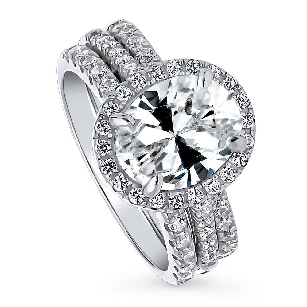 BERRICLE Sterling Silver Halo Wedding & Engagement Ring Set for Women - Oval Cut Cubic Zirconia CZ, Rhodium Plated Size 4-10 - Perfect for Proposals, Anniversaries & Special Occasions