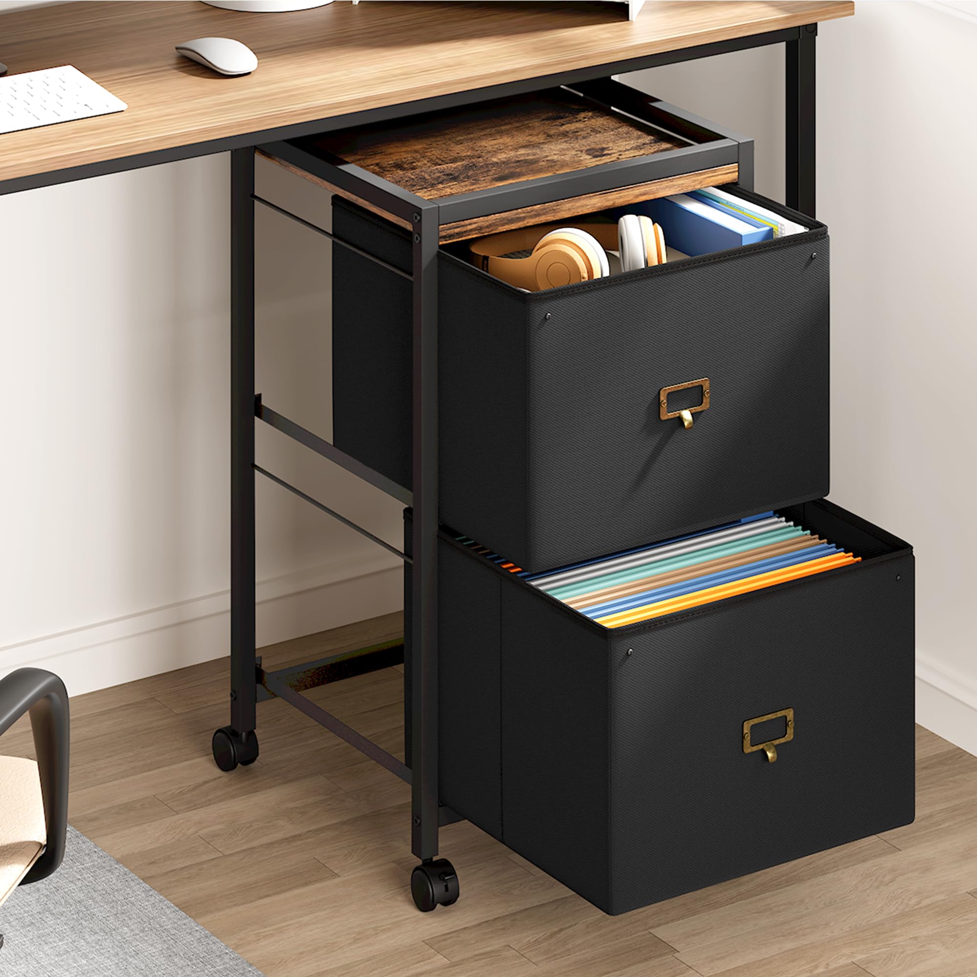 GAOMON 2-Drawer Mobile File Cabinet - Letter & A4 Size Vertical Storage with Wheels - Black Fabric Under Desk Organizer for Home Office | Perfect for Document Storage & Workspace Organization