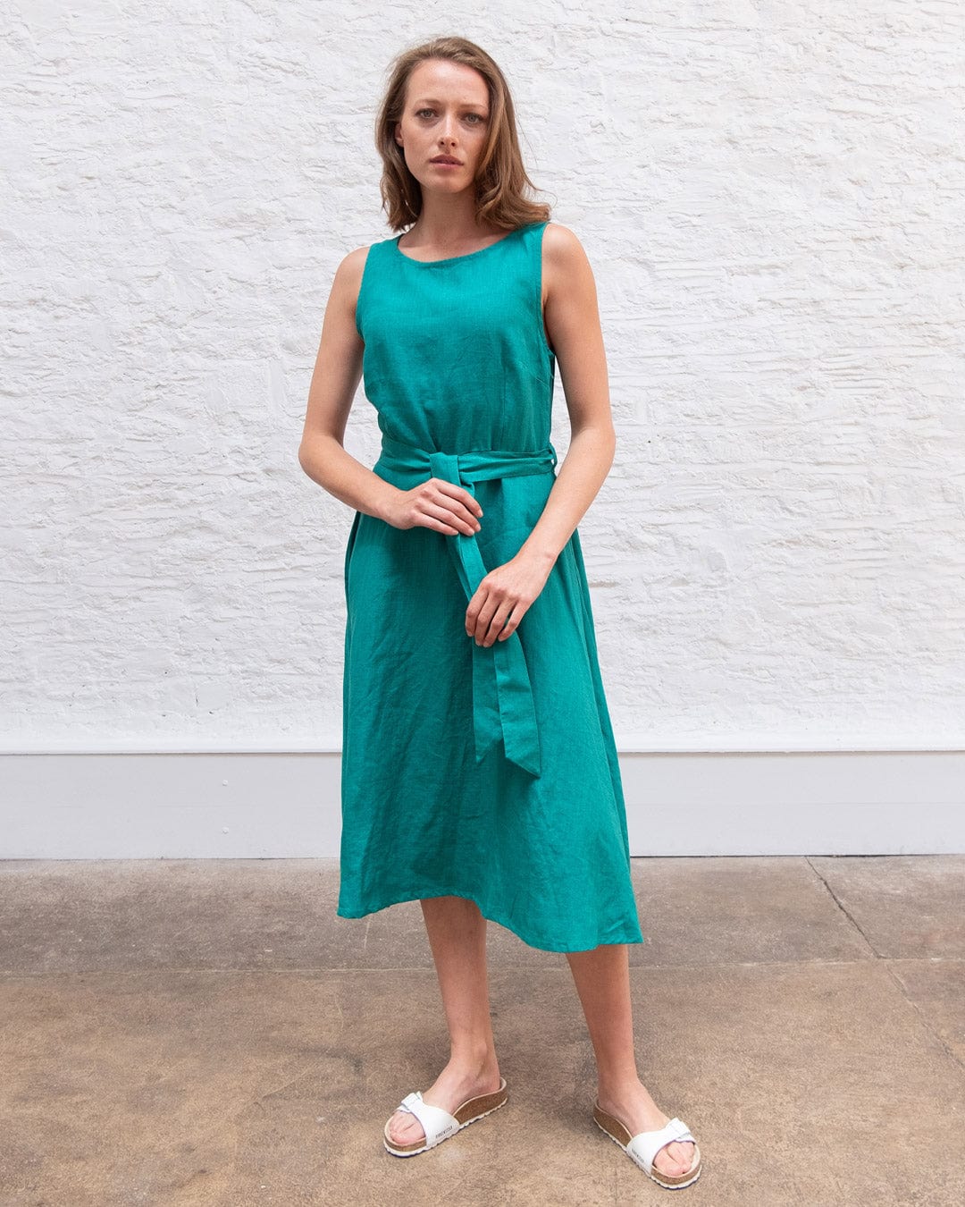 Grace Linen Swing Dress - Flowy Summer Maxi Dress with V-Neck & Side Slits | Jade Green | Perfect for Beach Vacations, Garden Parties & Casual Outings