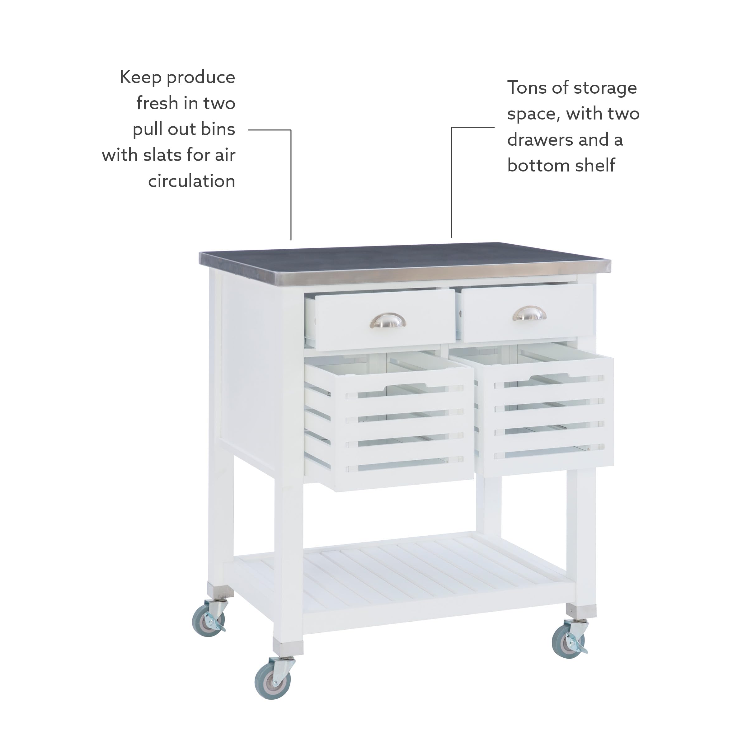Linon Hudson White Kitchen Cart with Wheels - Rolling Kitchen Island for Small Spaces - Perfect for Food Prep, Storage & Serving - Ideal for Apartments, Dorms & Compact Kitchens