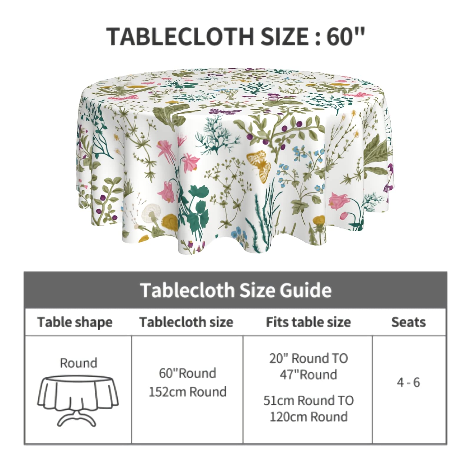 Sweetshow 60 Inch Round Floral Tablecloth - Herbal Wildflowers Design for Spring & Summer, Perfect for Dining Tables, Living Room, Kitchen Decor, and Party Settings