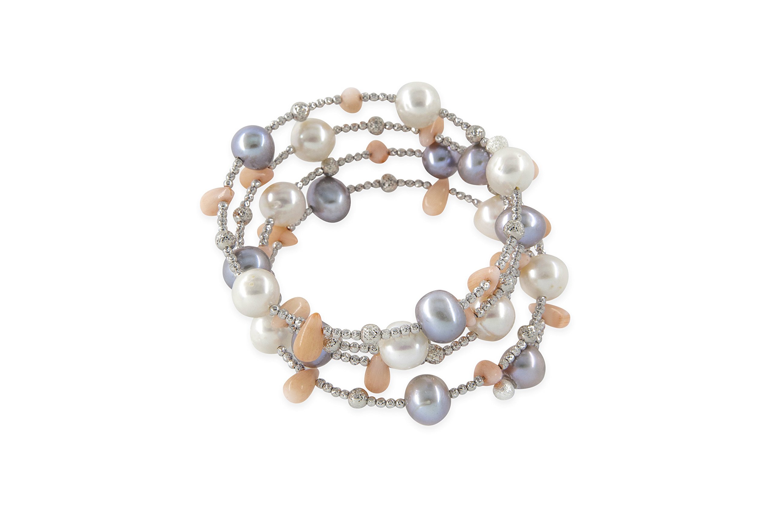 14KT White Gold Coral & Freshwater Pearl Spiral Wrap Bracelet - Elegant Jewelry for Women, Perfect for Weddings, Parties & Special Occasions