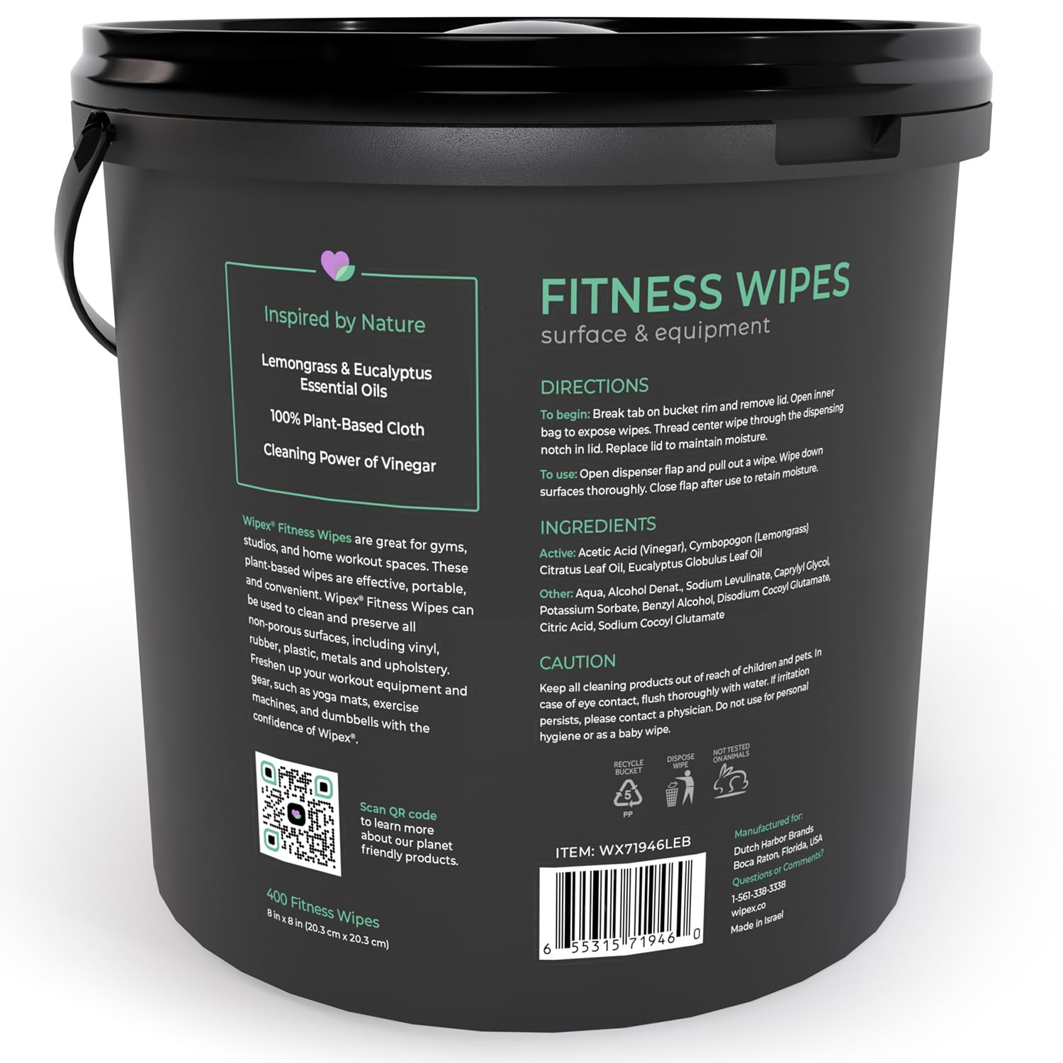 **Wipex Gym Wipes for Equipment – 1600 Plant-Based Fitness Wipes (2 Lemongrass & Eucalyptus Buckets + 2 Refill Rolls) – Clean Gym Machines, Dumbbells, Yoga Mats & More – 400 Count (Pack of 4)**