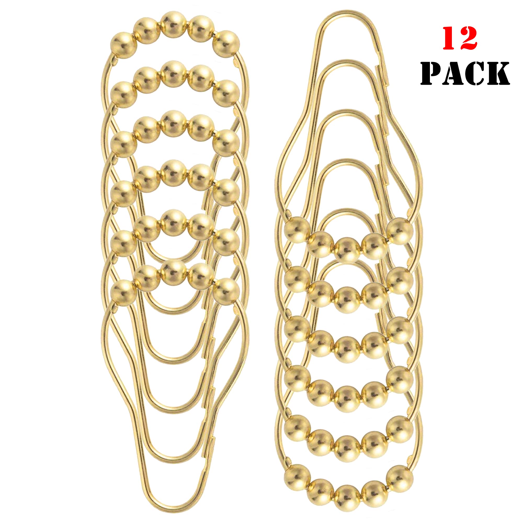 Rustproof Metal Shower Curtain Hooks Rings - Set of 12 Golden Bathroom Accessories for Shower Rods & Curtains | Durable & Stylish Upgrade for Your Bathroom Decor