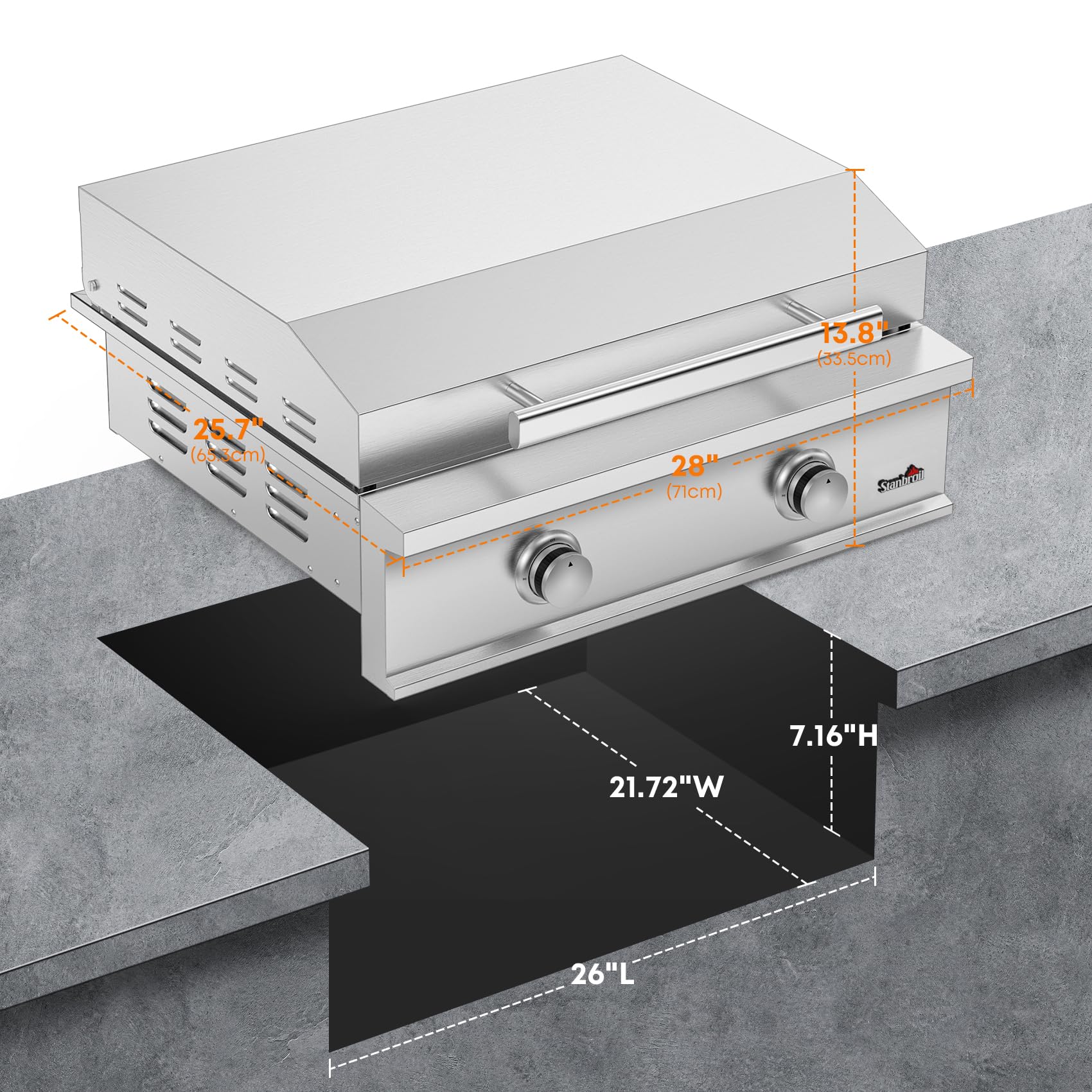 Stanbroil 28-Inch Stainless Steel Built-In Propane Griddle - 34,000 BTU 2-Burner Flat Top Grill with Lid for Outdoor Kitchen & BBQ Island | Perfect for Backyard Cooking, Tailgating, and Commercial Use