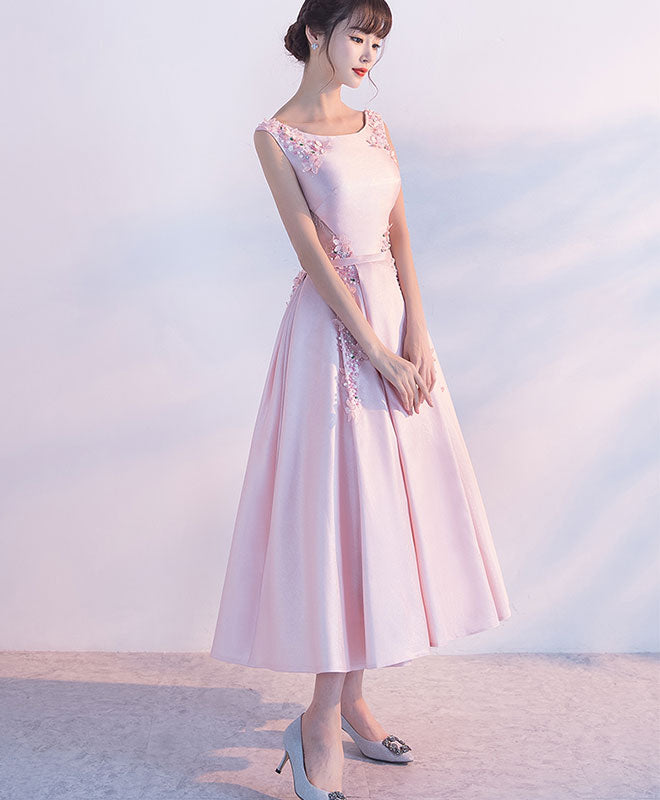 Elegant Pink Satin Lace Tea-Length Prom Dress | Formal Evening Gown for Homecoming, Quinceañera & Special Occasions