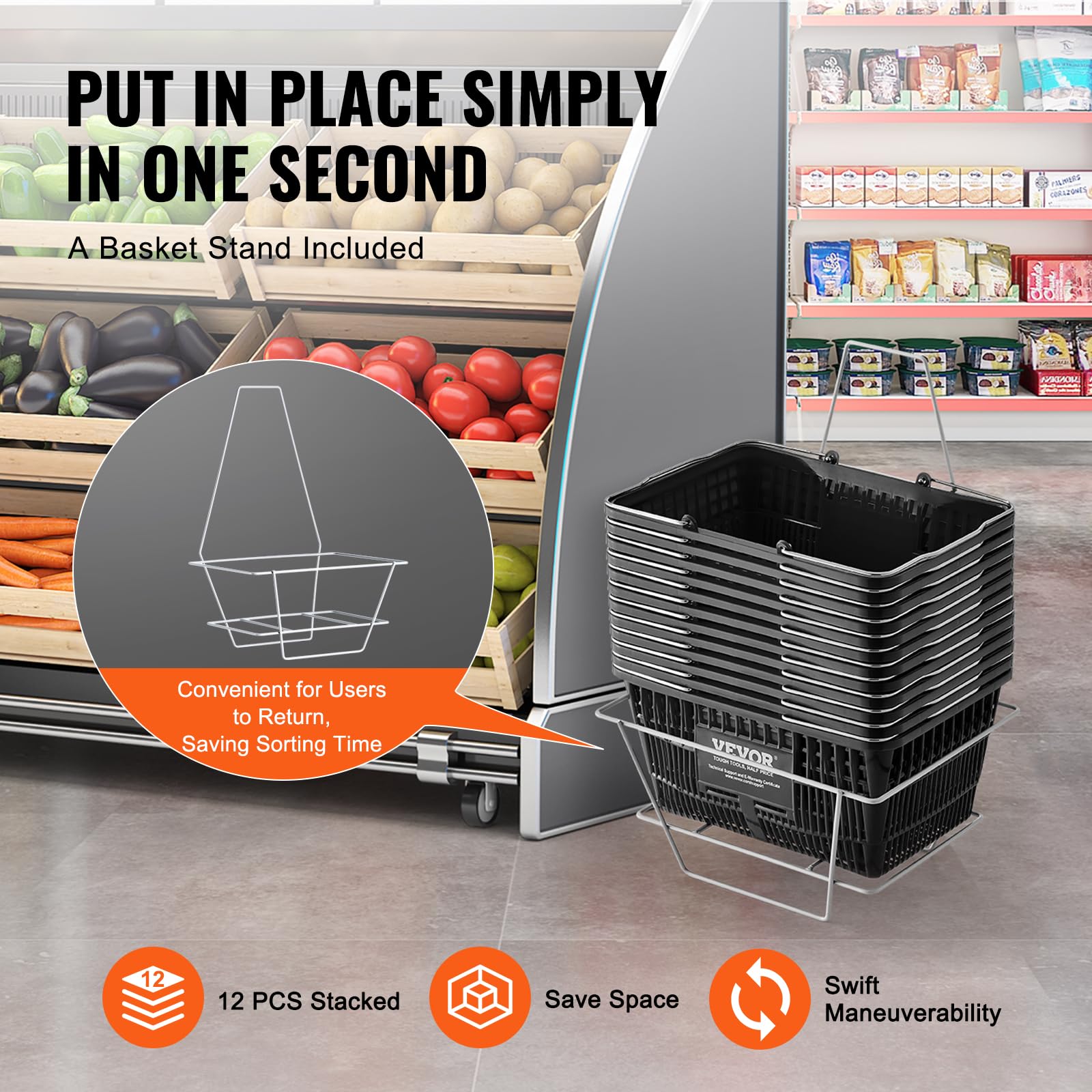 VEVOR 12-Pack 21L Durable Plastic Shopping Baskets with Metal Handles & Stand - 16.73 x 12.01 x 8.58 Inch Portable Grocery Baskets for Retail Stores, Supermarkets & Shopping - Perfect for Quick Checkouts & Organized Displays (Black)
