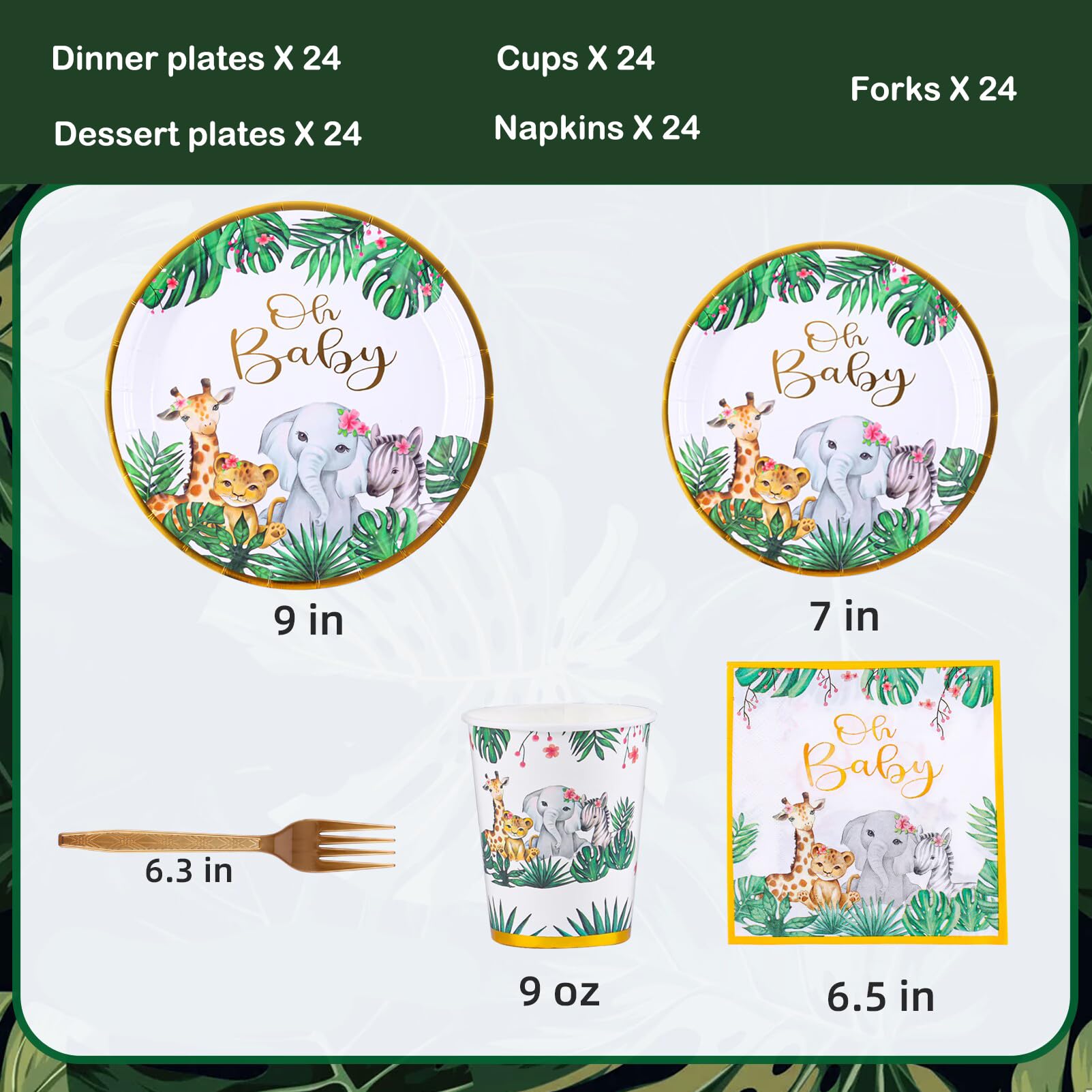 Atonofun Safari Party Supplies Set - 24-Piece Jungle Baby Shower Plates, Cups, Napkins & Cutlery for Safari Birthday Decorations & Jungle Themed Parties - Perfect for Baby Showers, Birthday Celebrations & Wild Animal Theme Events