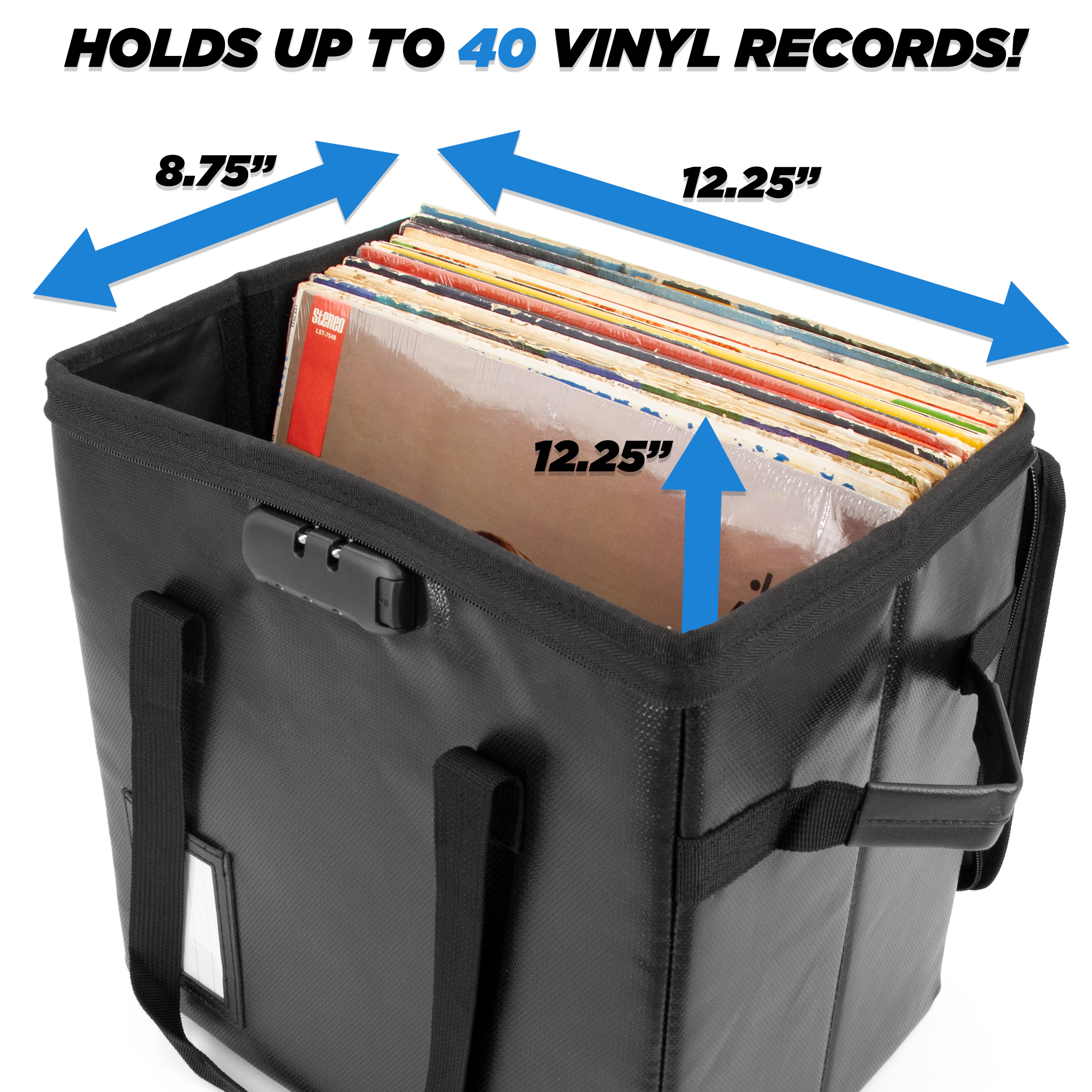 CASEMATIX Fireproof Vinyl Record Storage Case - Holds 40 Records, Lockable & Adjustable Dividers - Perfect for Home, Studio & Travel Use