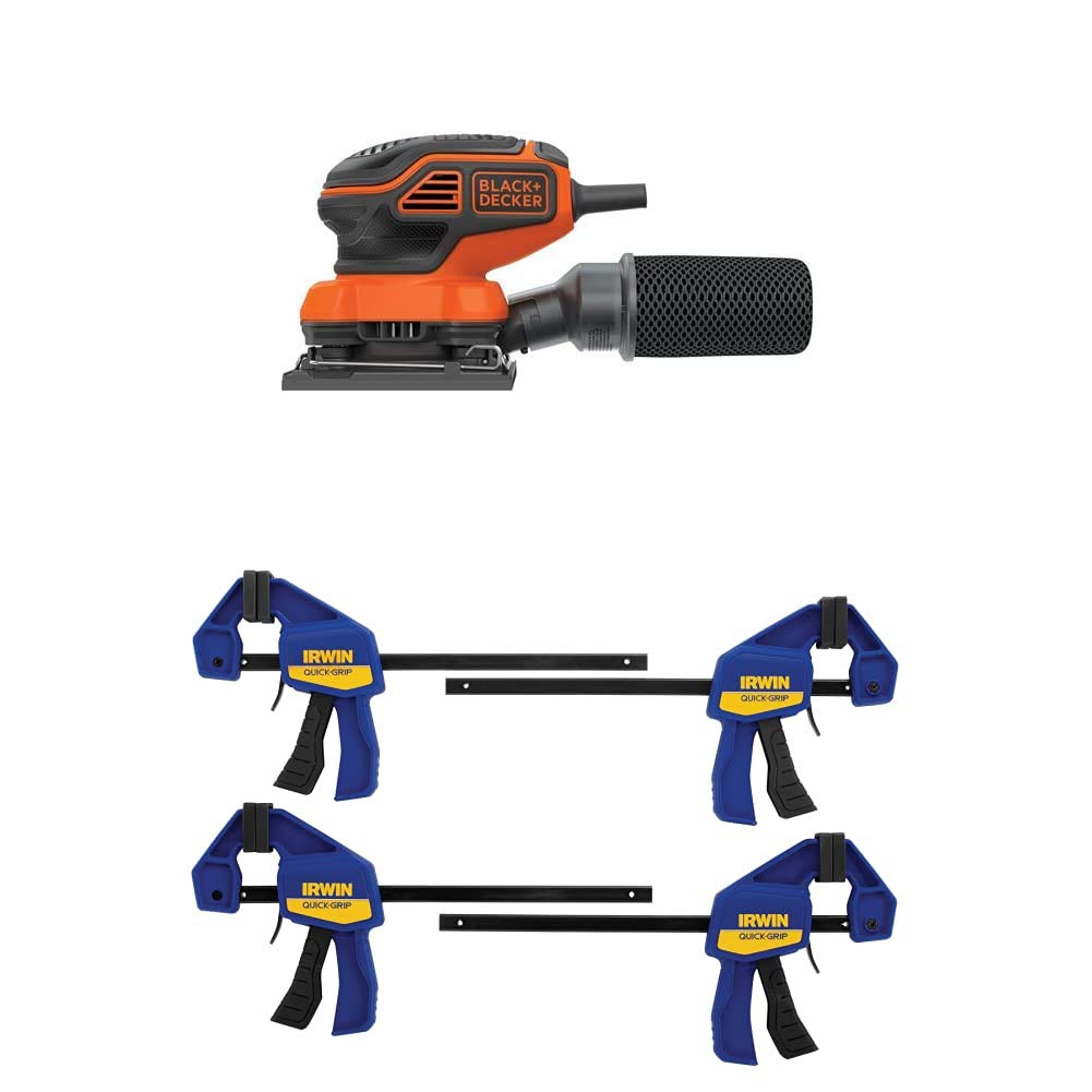 BLACK+DECKER BDEQS300 Electric Sheet Sander 1/4-Inch Orbital Sander with 6-Inch Sanding Pad & IRWIN 1964758 QUICK-GRIP Clamps (4-Pack) - Perfect for Woodworking, DIY Projects, Furniture Refinishing, and Small Home Repairs