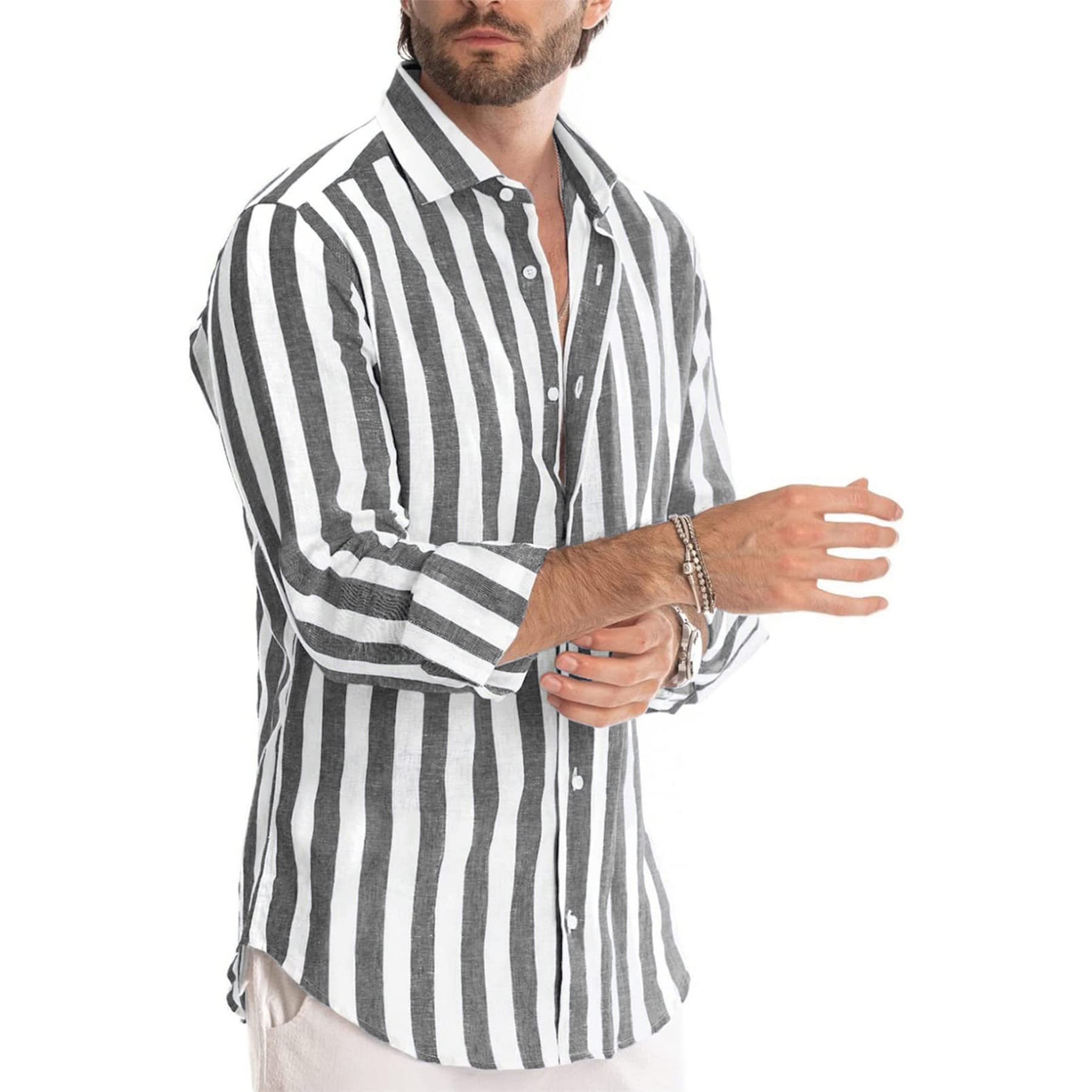 Men's Striped Cotton Long Sleeve Button Down Henley Shirt - Casual Beachwear & Dress Shirt for Outdoor Activities, Date Night and Office Wear