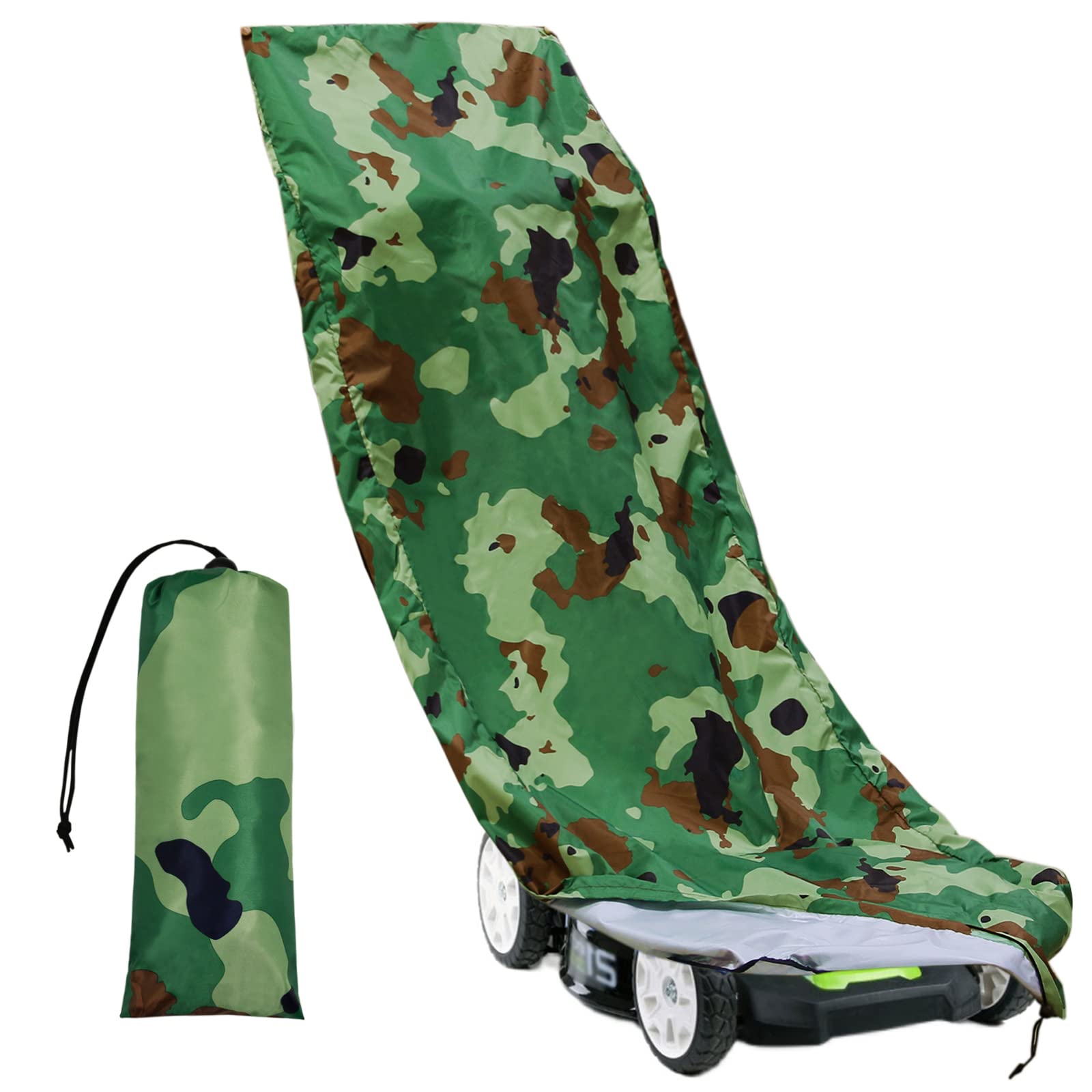 SUNERIC Heavy Duty 210D Oxford Polyester Lawn Mower Cover - Waterproof, UV Protection, Universal Fit with Drawstring & Storage Bag (Camouflage) - Perfect for Outdoor Yard Equipment Protection in All Weather Conditions