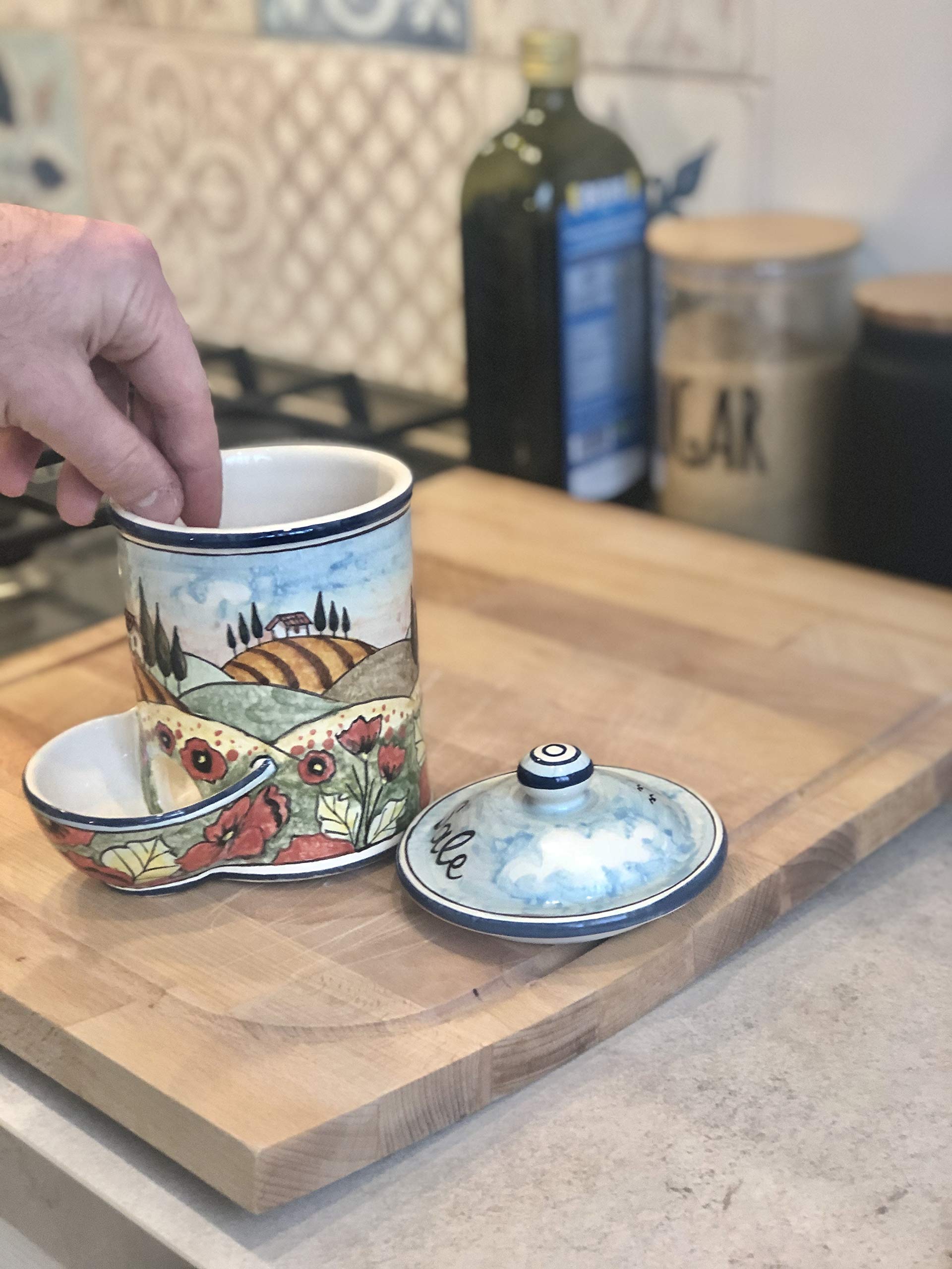 Hand-Painted Italian Ceramic Jar - Tuscan Art Pottery with Poppy Flowers, Salt or Spice Container, Home Decor - Perfect for Kitchen, Dining Table & Countryside Themed Interiors