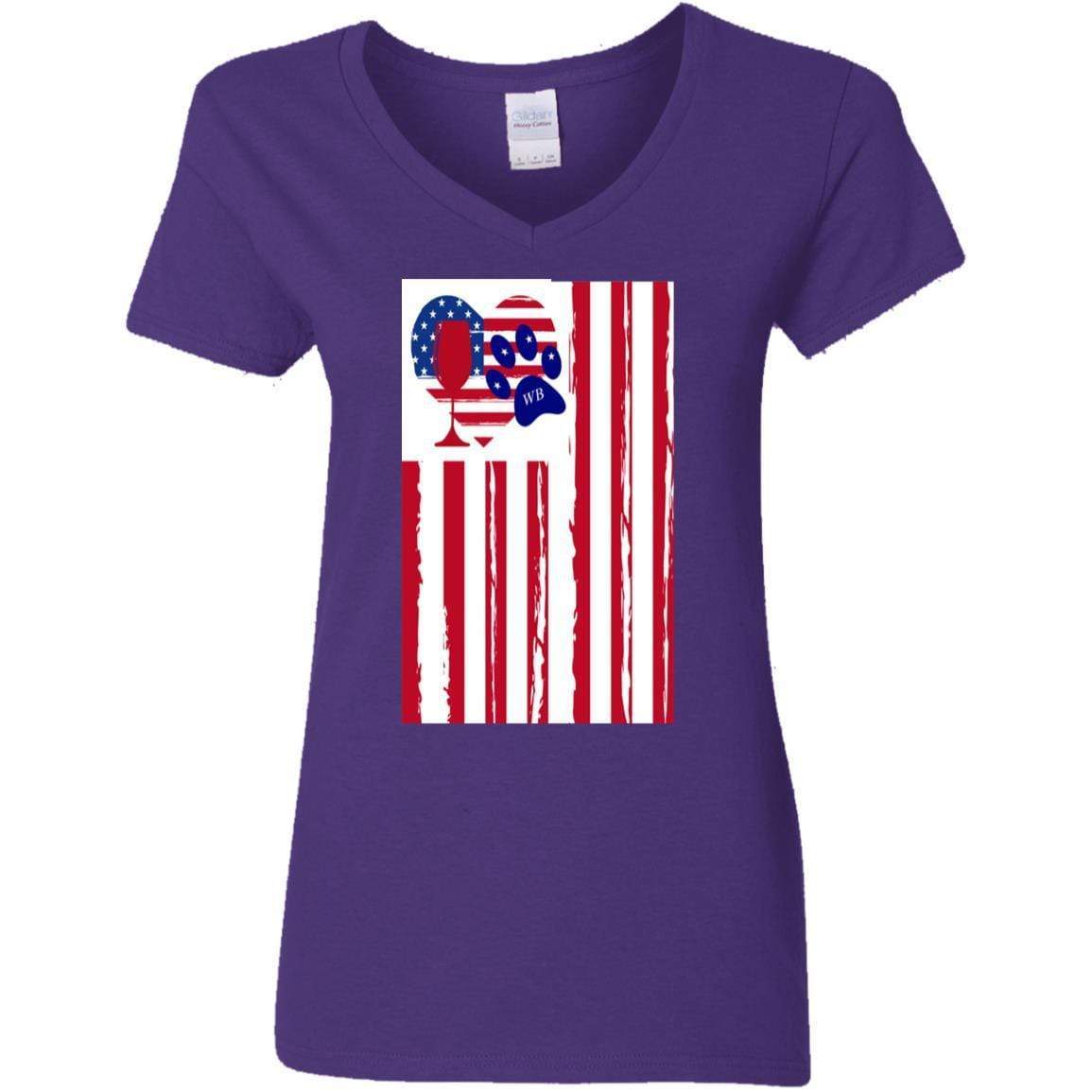 American Flag Wine Paw Heart V-Neck T-Shirt for Women - 5.3 oz Soft Cotton Ladies Tee - Perfect for 4th of July, Patriotic Events & Wine Lovers