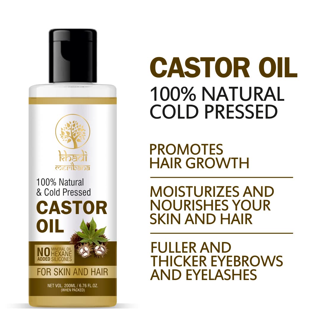 Pure Virgin Castor Oil for Hair Growth & Skin Care | Cold Pressed 200ml | Massage & Beauty