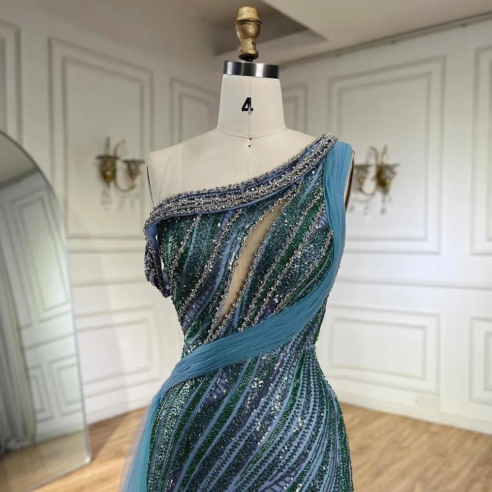 Luxury Dubai Arabic One Shoulder High Slit Blue Mermaid Gown - Beaded Saudi Evening Dress for Formal Occasions - Perfect for Weddings, Galas & Red Carpet Events LA72718