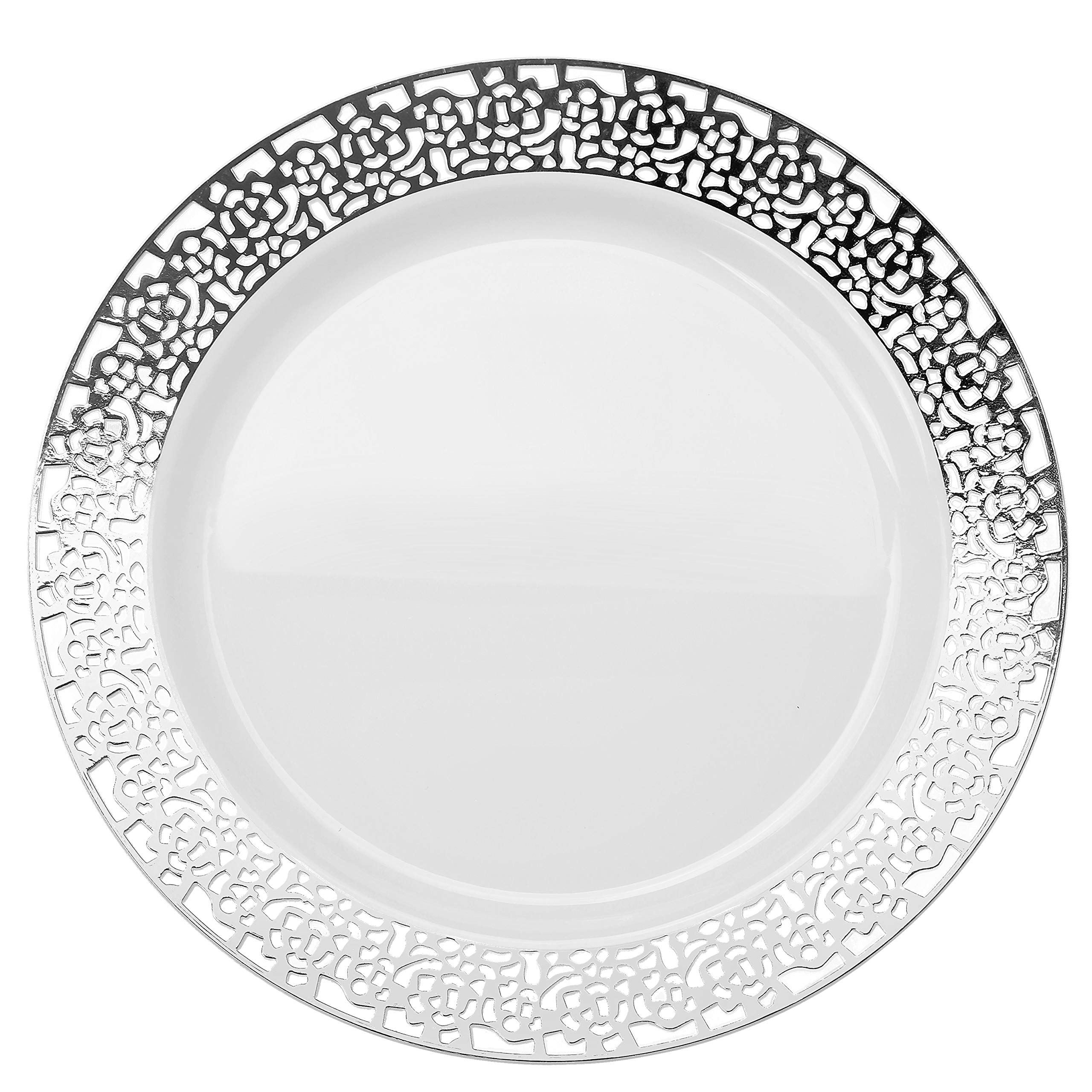 60 Heavyweight Disposable Plastic Plates for Weddings & Parties - 10.25'' Dinner Plates in Florence White & Silver - Elegant Tableware for Special Occasions, Catering & Events