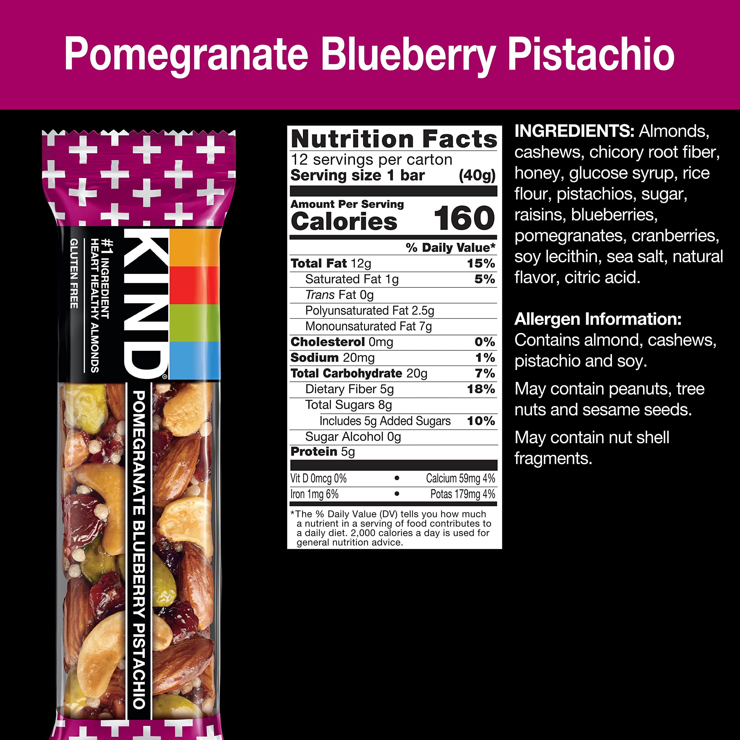 KIND Bars, Pomegranate Blueberry Pistachio - Healthy Gluten Free Snack Bars with 5g Protein (12 Count) - Perfect for On-the-Go Breakfast, Workout Fuel & Office Snacks