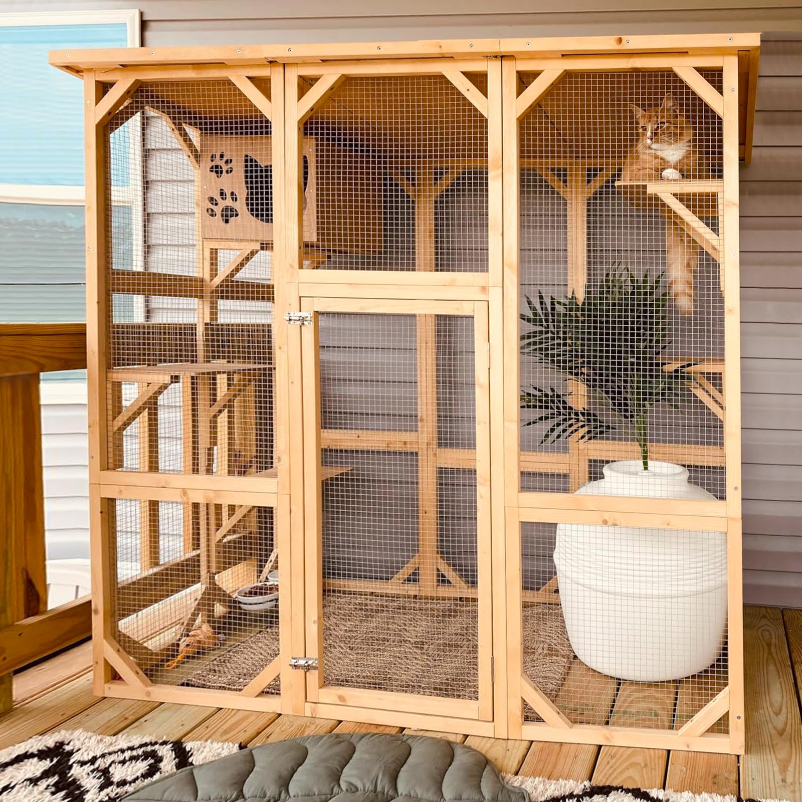 Outdoor Catio Enclosure - Weatherproof Wooden Cat House with Platform for Indoor & Outdoor Play