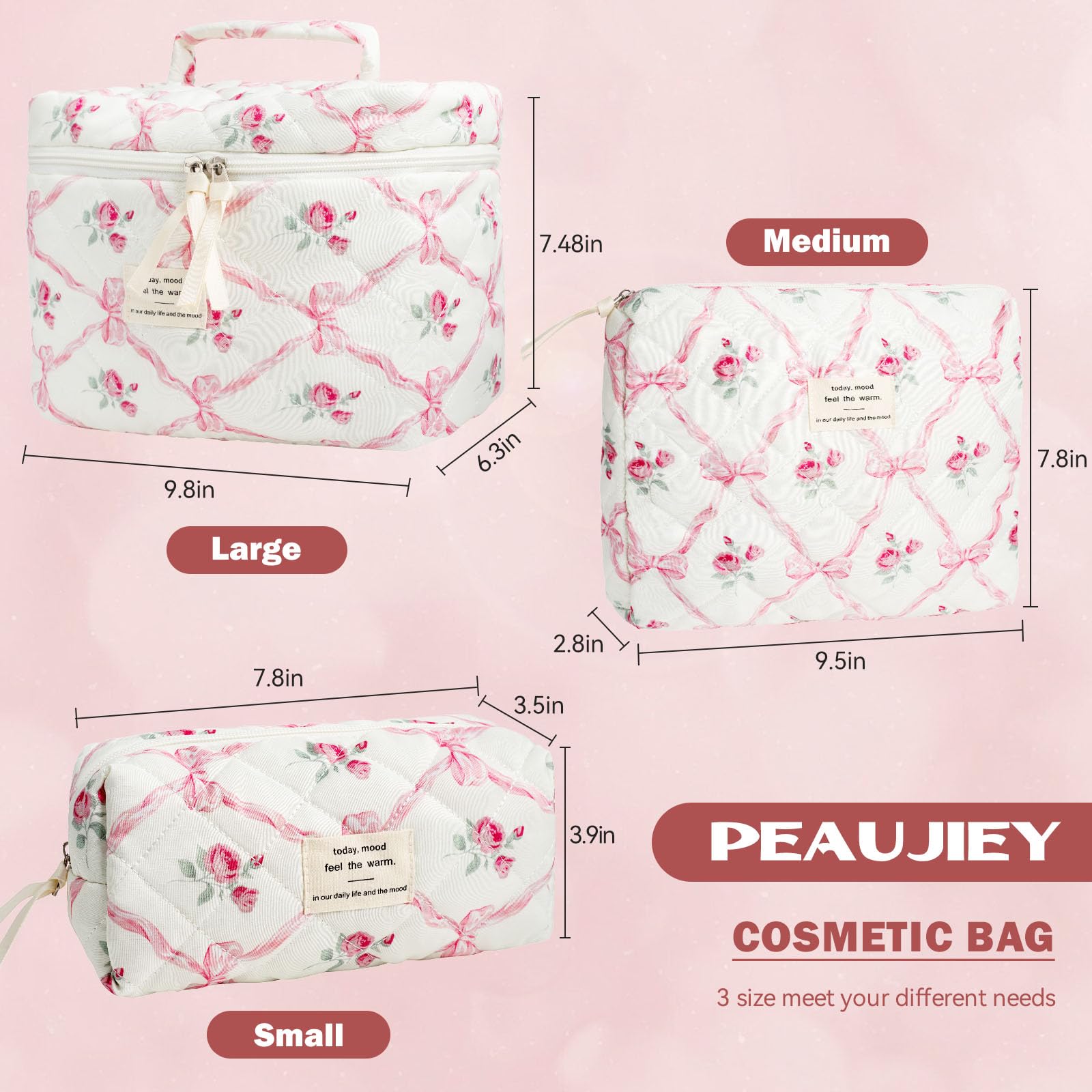 3 PCS Floral Pink Bow Makeup Bag Set - Quilted Cosmetic Organizer for Women & Girls, Large Cotton Travel Toiletry Bag with Pink Flower Design | Perfect for Travel, Gym, and Daily Beauty Storage