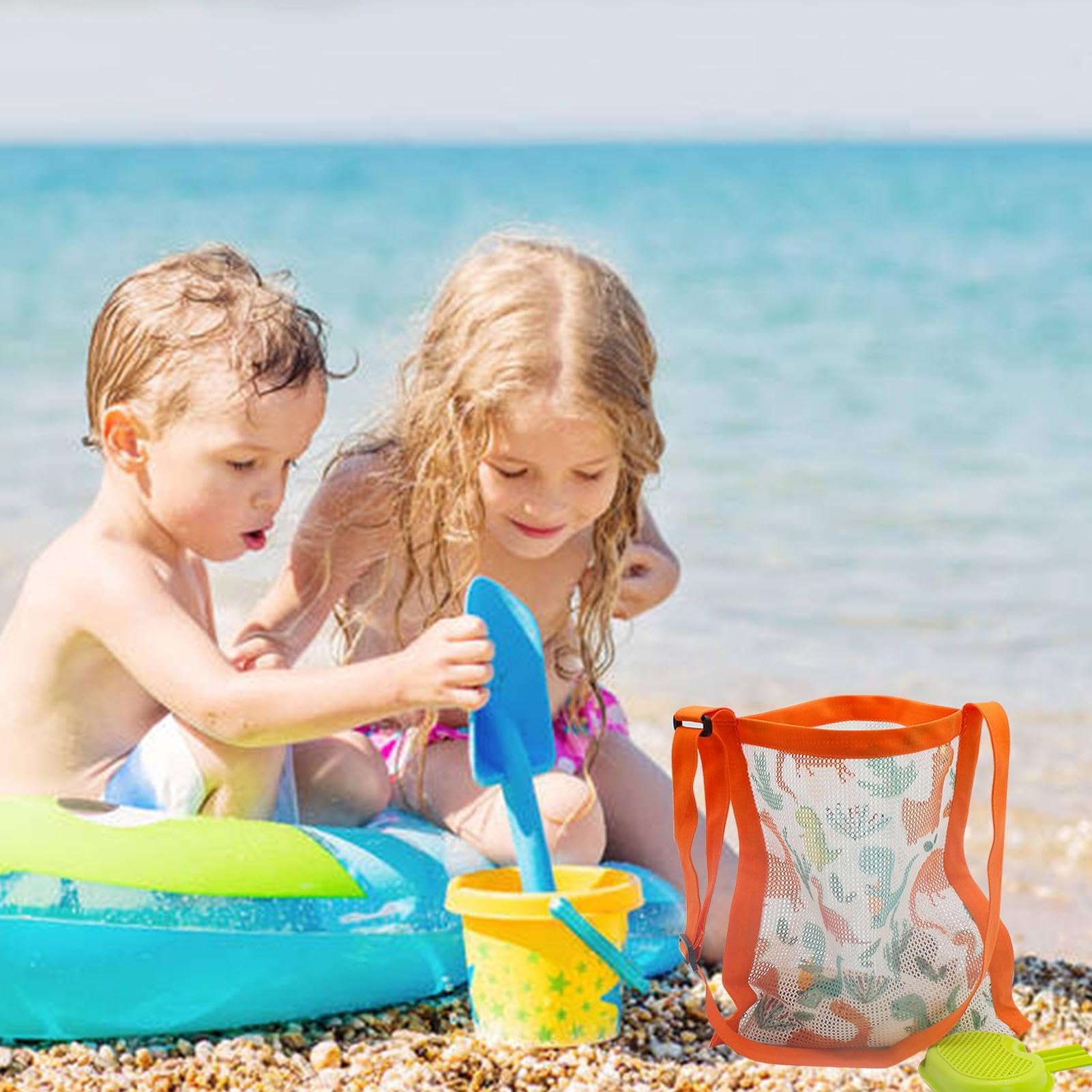GEUGECY Kids Mesh Beach Bag - Colorful Sand Toys & Shell Shoulder Bag, Foldable Seashell Collecting Net Bag for Boys & Girls - Perfect for Beach Trips, Poolside Fun, and Outdoor Adventures