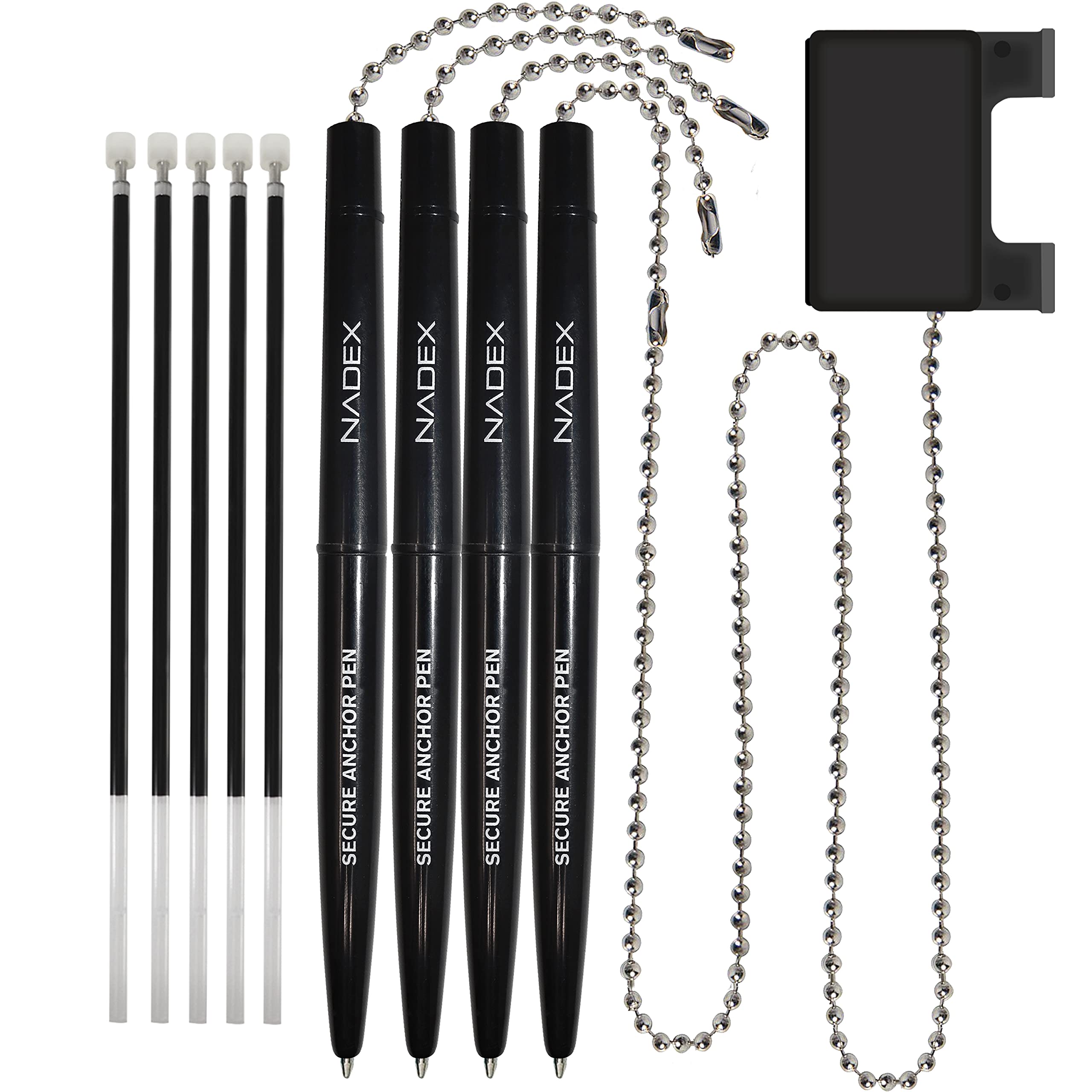 Nadex Security Pen with Chain and Base Mount - Set of 4 Black Pens, 1 Adhesive Mount & 5 Refills | Anti-Theft Writing Tool for Offices, Banks, and Retail Stores