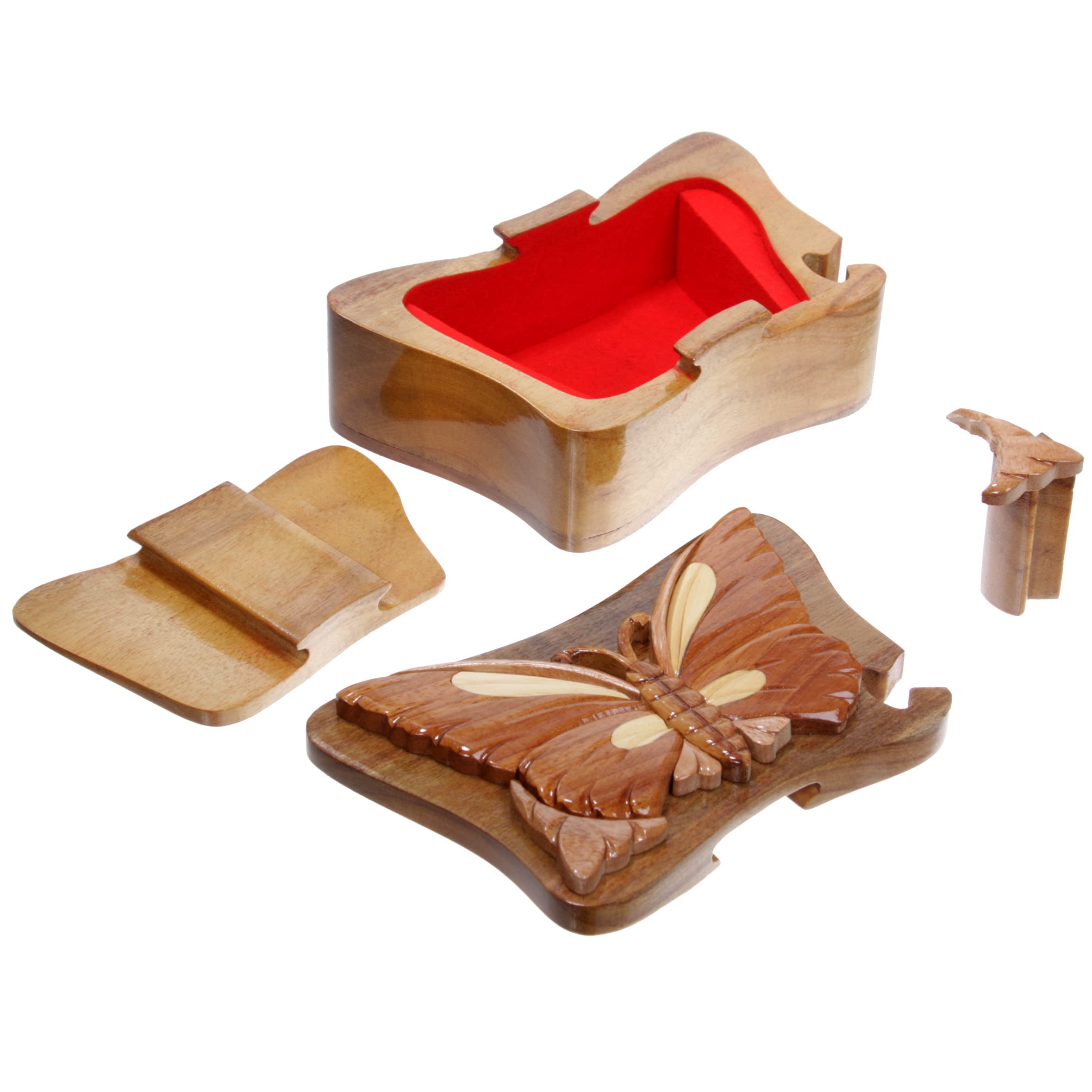 Butterfly-Shaped Handcrafted Wooden Jewelry Box with Velvet Lining - Secret Puzzle Box for Necklaces & Rings - Perfect for Gift Giving & Home Decor