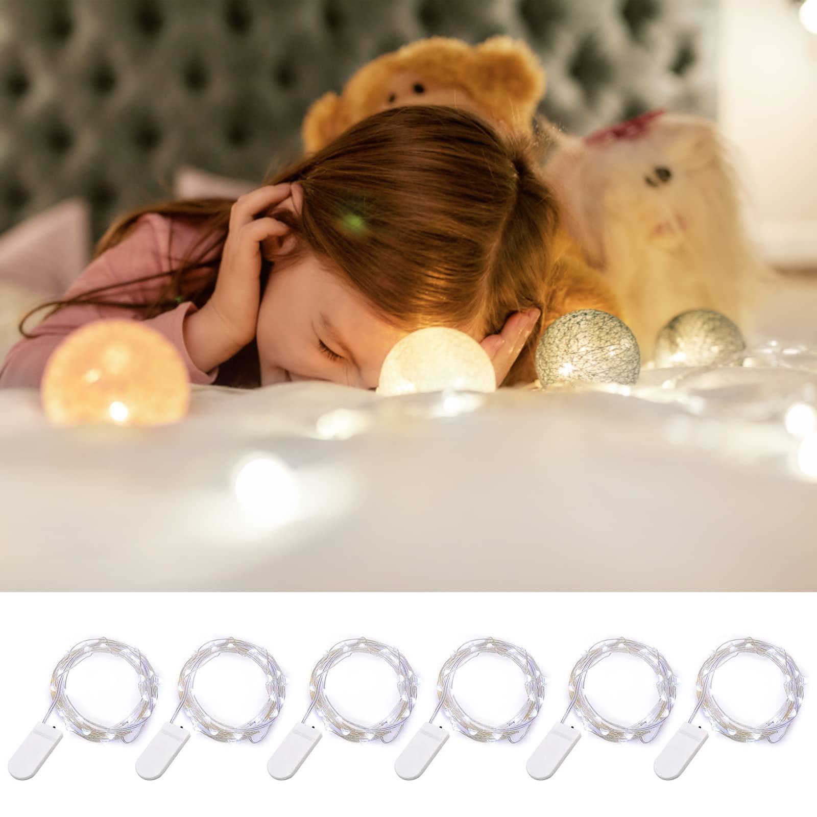 PETVAY 6 Pack Fairy Lights - Battery Operated LED String Lights with Waterproof Copper Wire, 7 Feet 20 LED Firefly Starry Moon Lights for Wedding, Party, Bedroom, Patio & Christmas Decor (Cool White) - Perfect for Indoor and Outdoor Decoration, DIY Projects, and Holiday Lighting