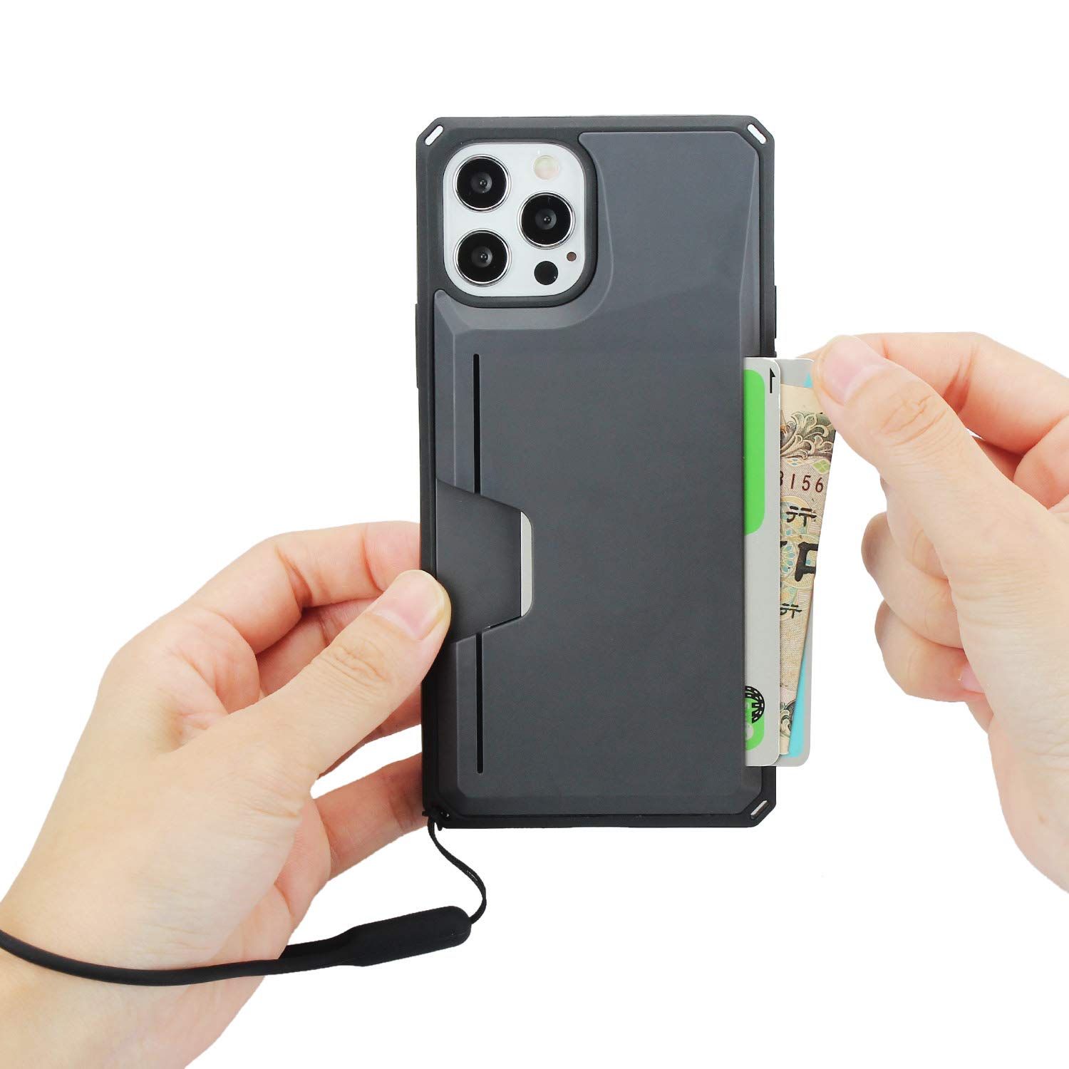 QLTYPRI Slim Wallet Case for iPhone 12 Pro Max (6.7 inch) - Black | Hard PC Back Cover with Credit Card Holder Slots, Built-in Kickstand & Wrist Strap | Protective Phone Case for Everyday Use, Travel & Business