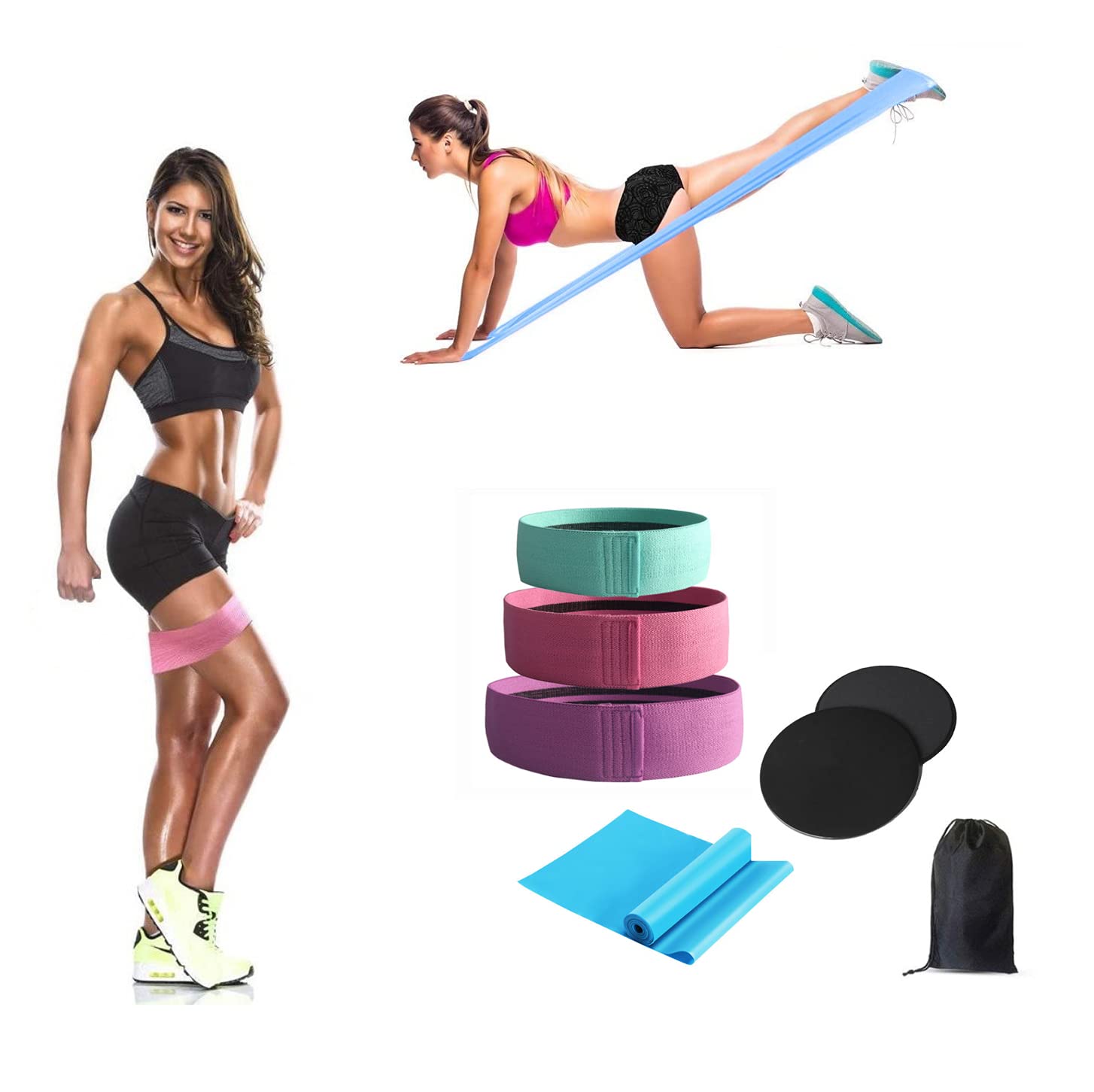 Premium Resistance Loop Bands Set of 6 - Non-Slip Exercise Bands for Legs, Butt & Hip Workouts - Includes 3 Resistance Bands, 1 Yoga Band & 2 Core Sliders - Perfect for Pilates, Yoga, Home Gym & Travel Fitness - Workout Equipment for Women & Men
