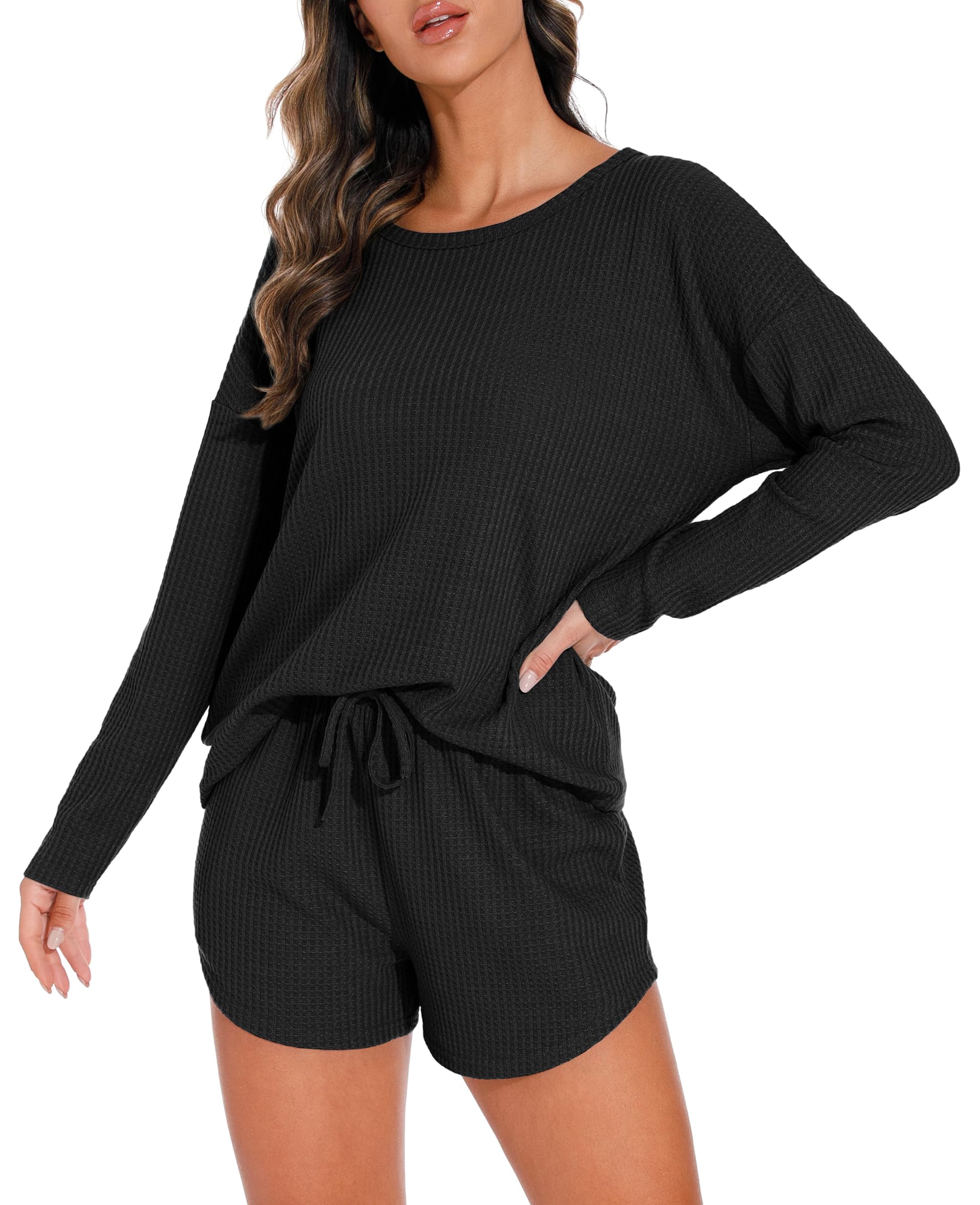 PrinStory Women's Waffle Knit Pajama Set - 2 Piece Lounge Outfit with Pockets | Soft & Comfortable Sleepwear for Nighttime & Relaxing at Home