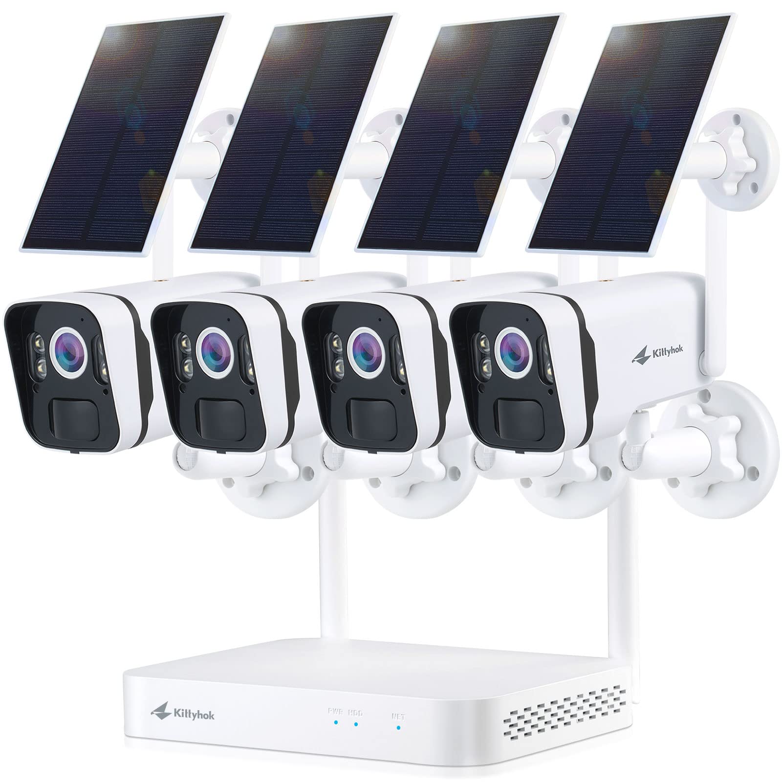 Kittyhok 4PCS 2K Ultra HD Solar Security Camera System - Wireless Outdoor Home Security Cameras with Smart Human Detection, Spotlight, Forever Power, 10CH NVR, 60 Days Local Storage & No Monthly Fee - Ideal for Home, Business & Property Surveillance