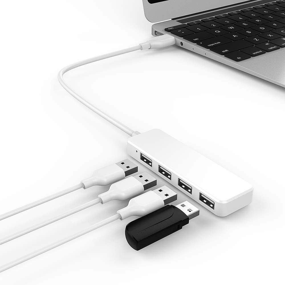 4-Port USB Hub 2.0 - Ultra Slim USB Splitter & Expander for MacBook, iMac, Windows Laptop, PC - Connect Flash Drives, External HDD, Keyboard & Mouse - Perfect for Home Office, Gaming & Travel (White)