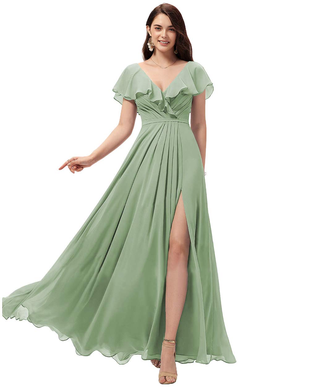 Elegant Long V-Neck Chiffon Bridesmaid Dress with Slit & Ruffle Detail - Formal Evening Gown for Women (YZTS004) | Perfect for Weddings, Proms & Special Occasions