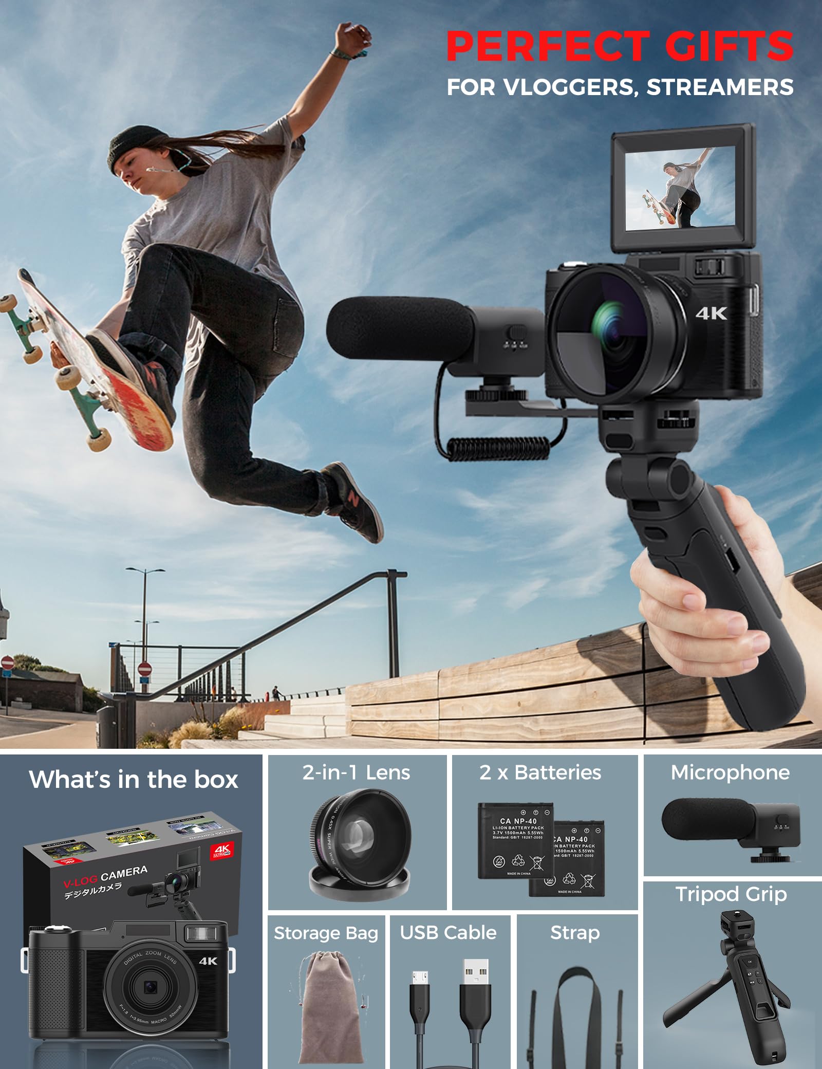 4K 48MP Vlogging Camera with Flip Screen & Autofocus - Digital Creator Kit Includes Tripod Grip, Wide-angle Lens, Macro Lens, Mic & Batteries - Perfect for YouTube Vlogging, Travel Photography & Content Creation