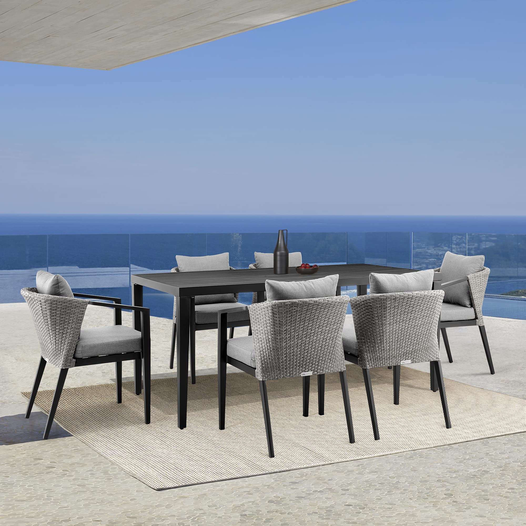 Armen Living Aileen Modern Outdoor Patio Dining Chairs - Set of 2 Black Wicker and Metal Stackable Chairs for Garden, Poolside, Deck & Patio Furniture