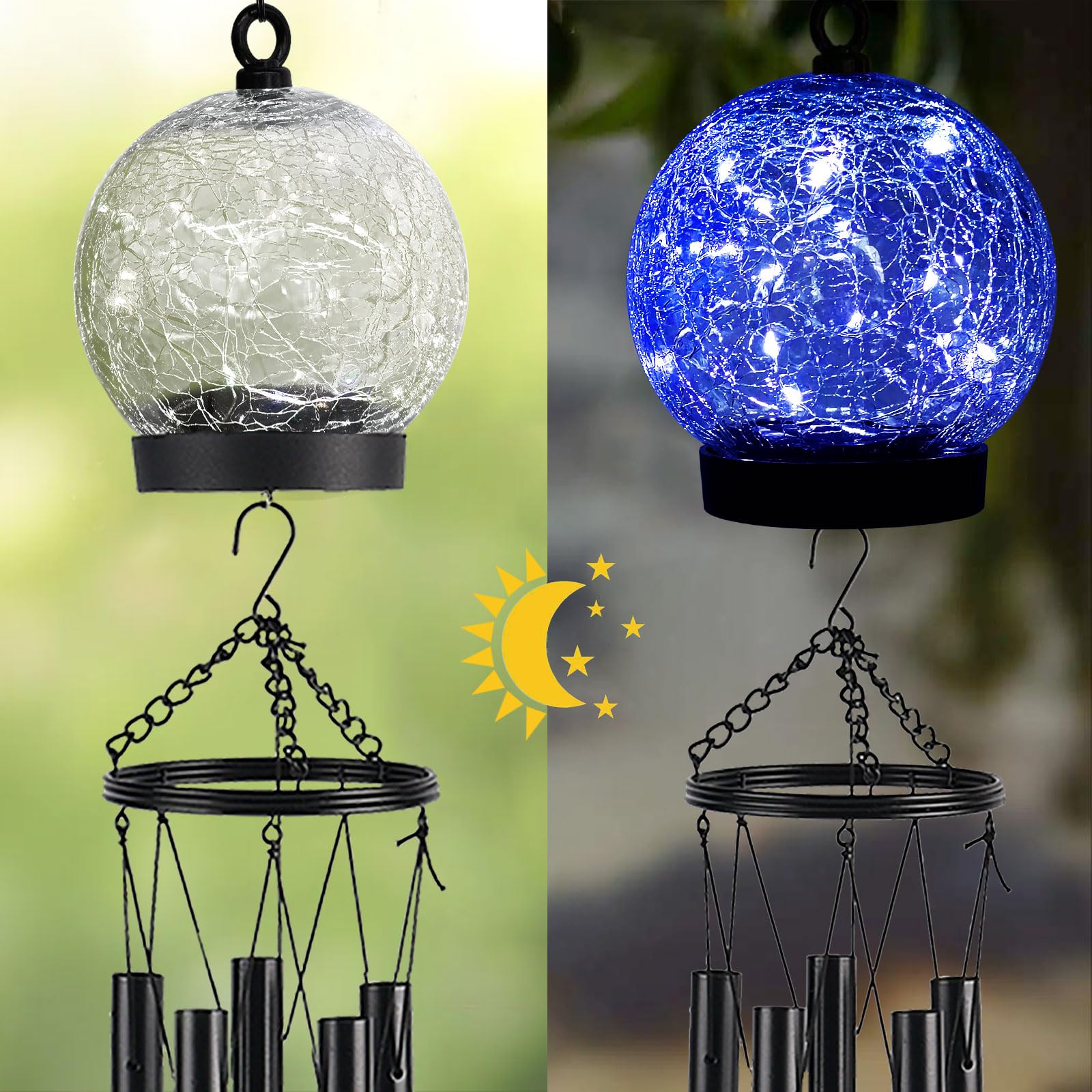 Solar-Powered Wind Chimes with 15 Blue LED Lights - 42 Inch Large Crackled Glass Ball Outdoor Decor for Garden, Yard, Patio - Perfect Sympathy Gift, Birthday Present for Women - Creates Soothing Ambiance for Relaxation & Landscape Decoration