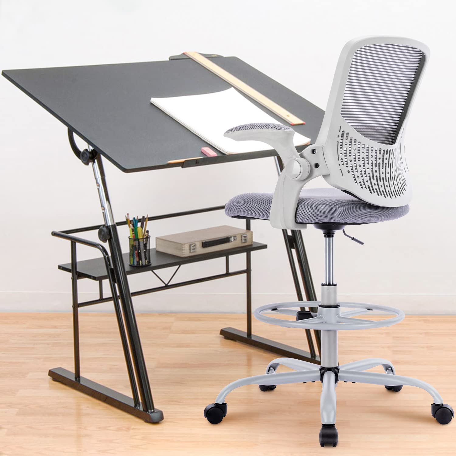 Adjustable Height Office Chair - Ergonomic Drafting & Standing Desk Chair with Flip-Up Armrests & Foot Ring - Mesh Computer Rolling Chair for Bar Counter & Home Office Workspace
