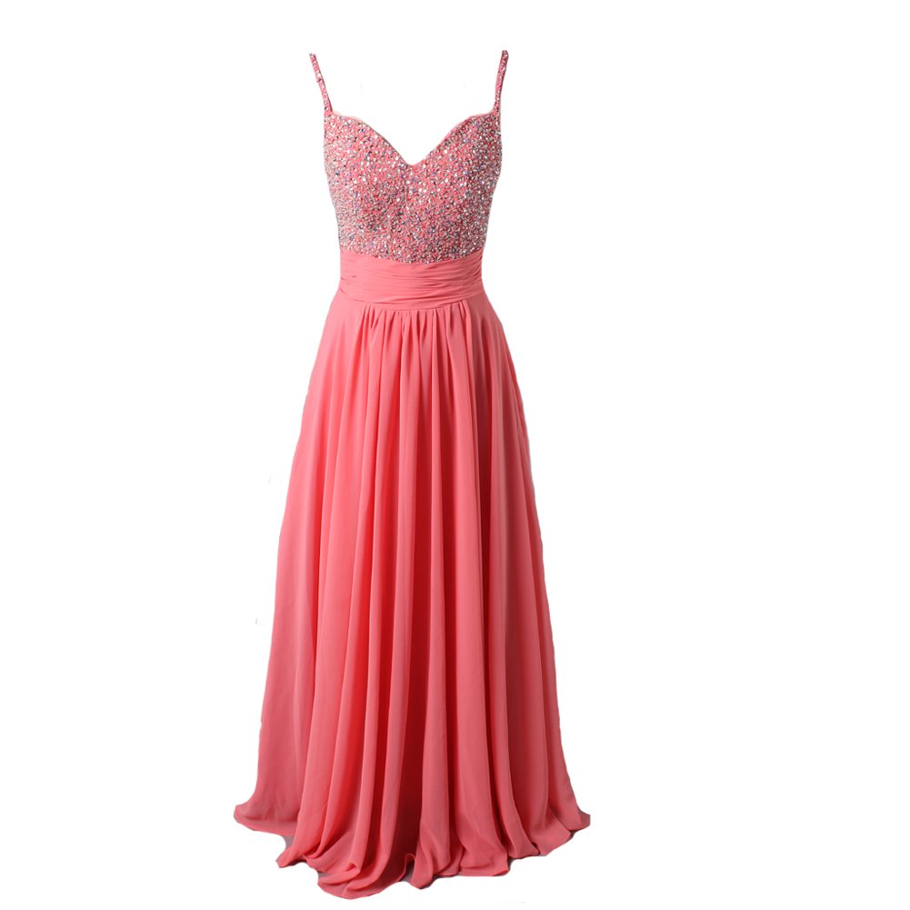 Kivary® Elegant V-Neck Beaded Coral Long A-Line Corset Prom Evening Dress with Straps - Perfect for Homecoming, Wedding Guest, and Formal Events