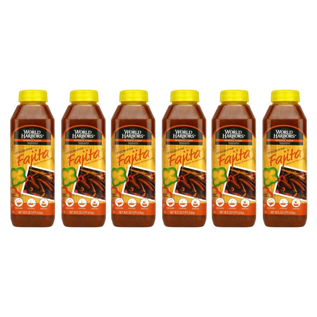 World Harbors Authentic Mexican Fajita Marinade Sauce - 16 fl oz Bottles (6-Pack) - Perfect for Grilling, Marinating Steak, Chicken & Veggies - Restaurant Quality Flavor at Home